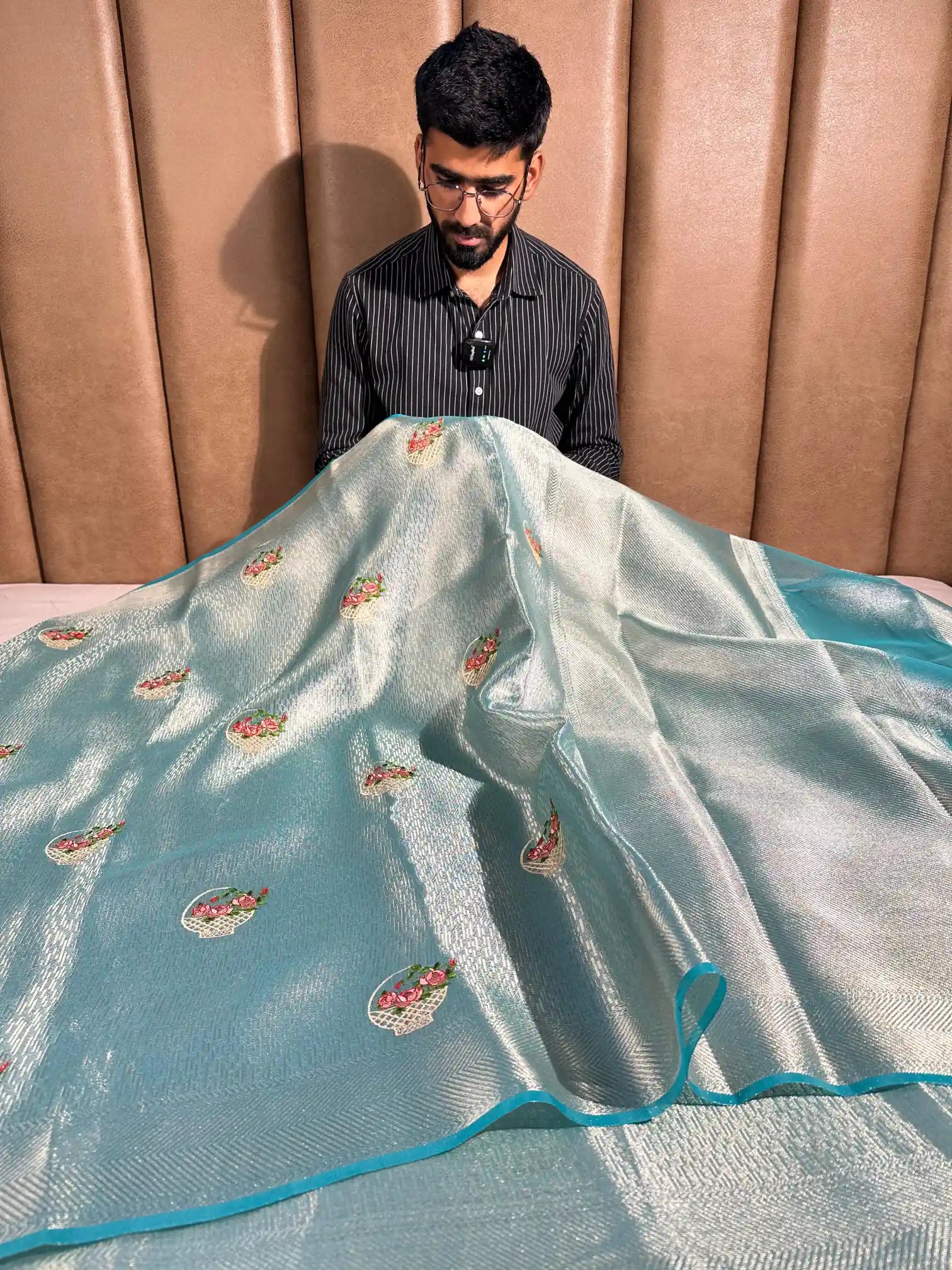 Sea green tissue sequence embroidery saree paired with embroidered stitched blouse main image 1