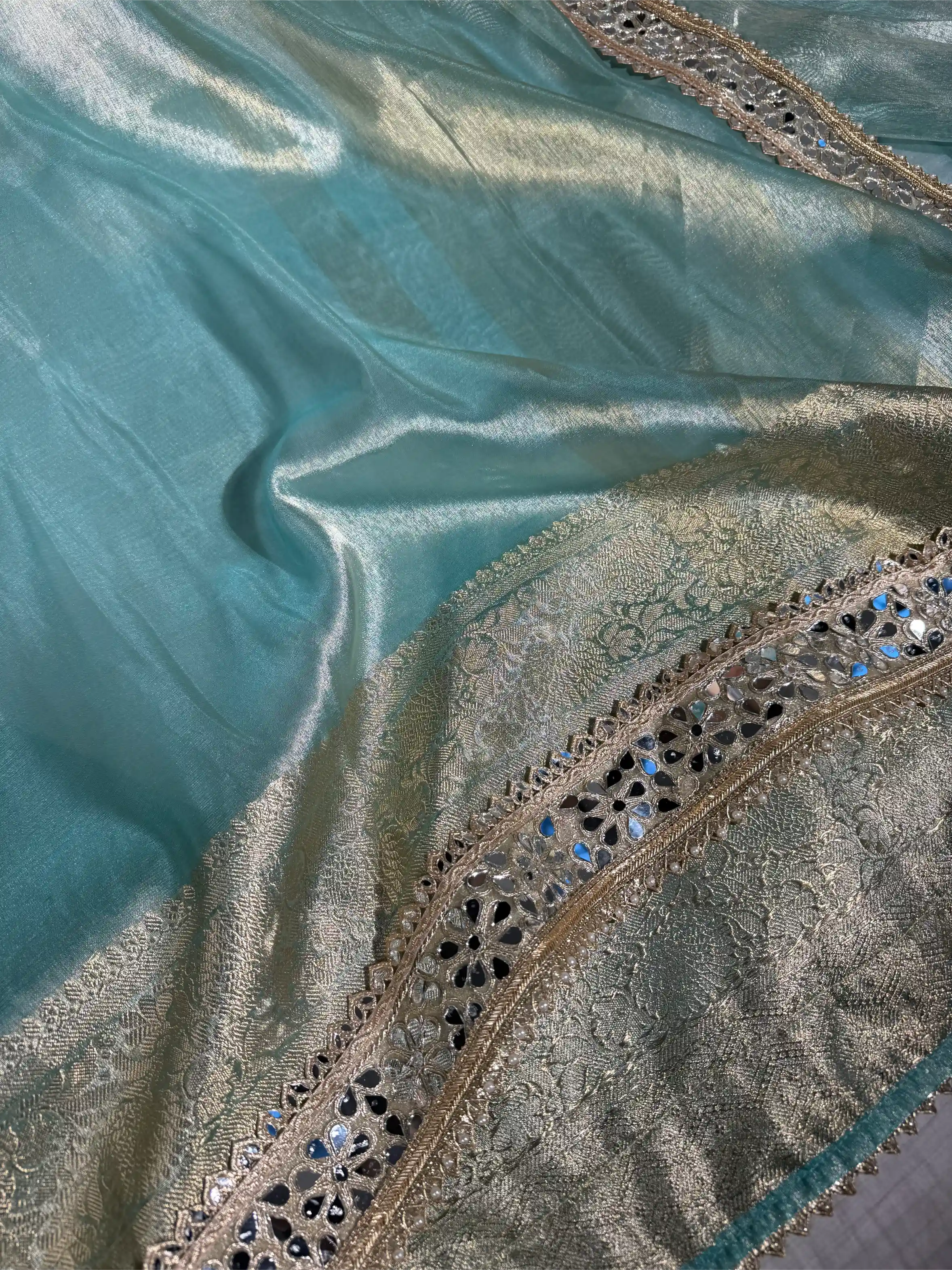 Sea Green Tissue Silk Majestic Mirror Work Gota Attached Banarasi Saree