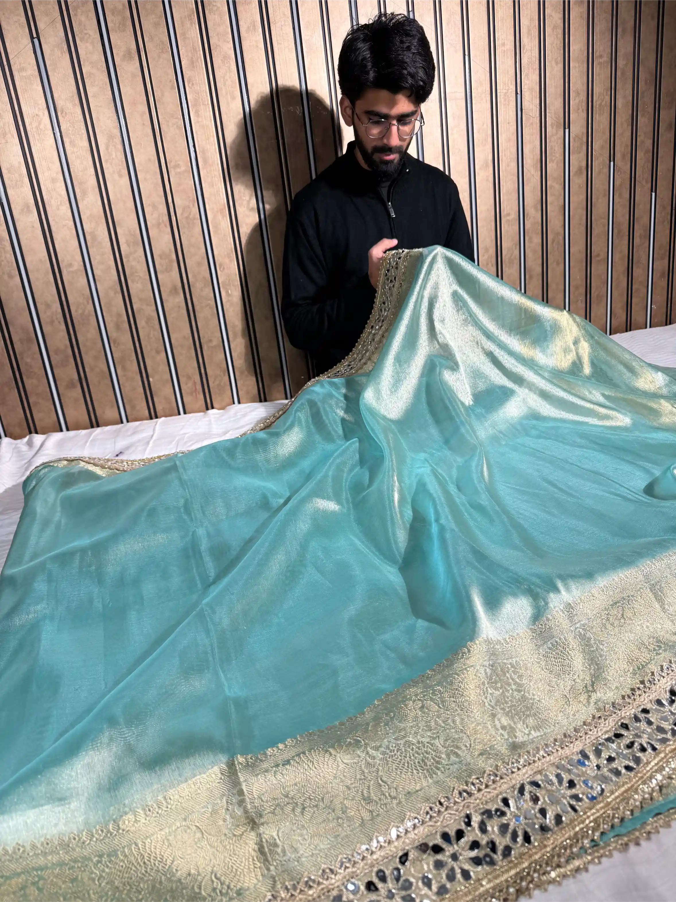 Sea Green Tissue Silk Majestic Mirror Work Gota Attached Banarasi Saree