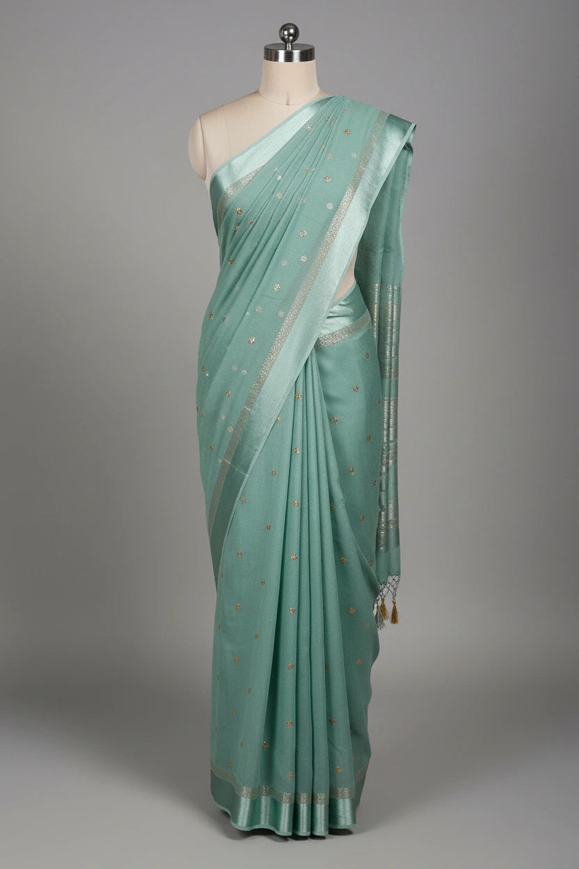 Sea Green Viscose Georgette Silk Embroidered Work Banarasi Saree