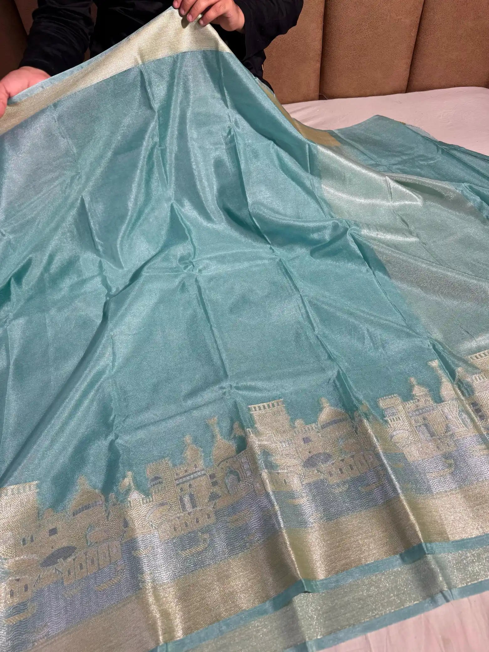 Sea Green Georgette Silk Ghat Pattern Banarasi Saree