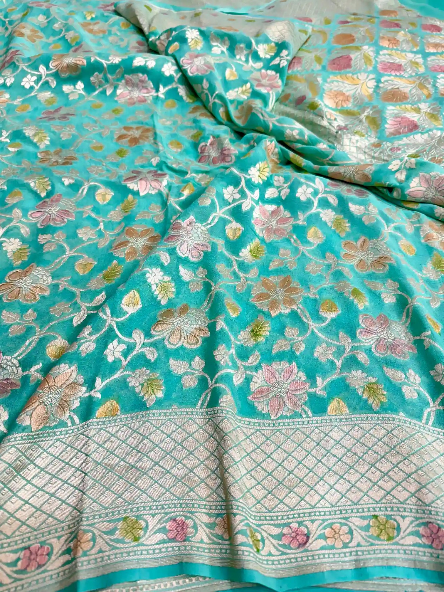 Sea Green Handbrudh Khaddi Georgette Banarasi Saree