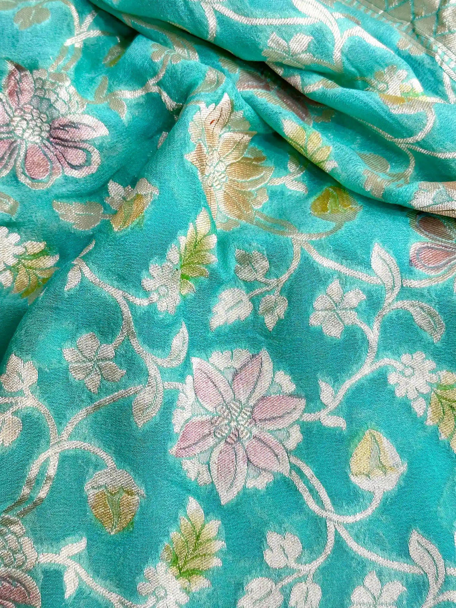 Sea Green Handbrudh Khaddi Georgette Banarasi Saree