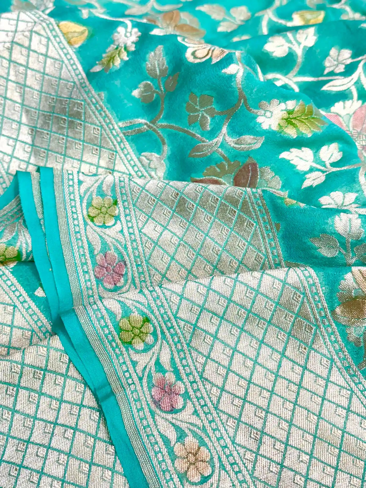 Sea Green Handbrudh Khaddi Georgette Banarasi Saree