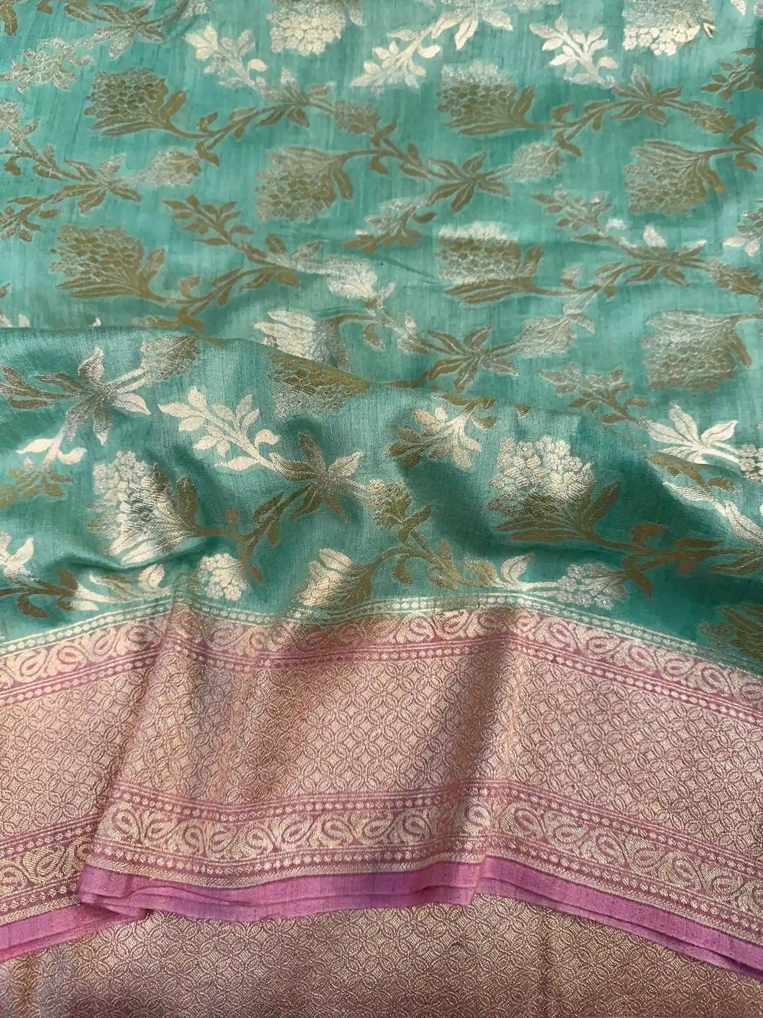 Sea Green Pink Contrast Munga Silk Banarasi Saree