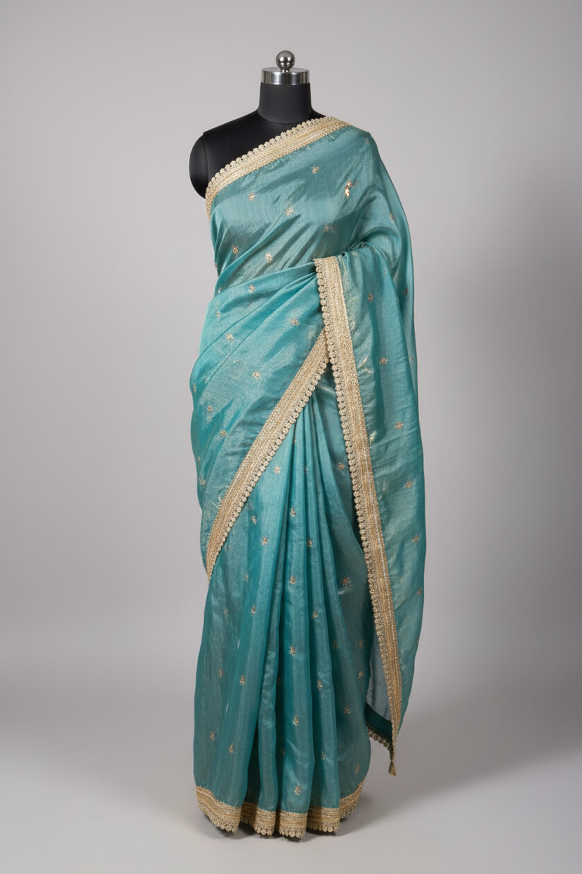 Sea Green Shimmery Tissue Silk Embroidered Lace Work Saree
