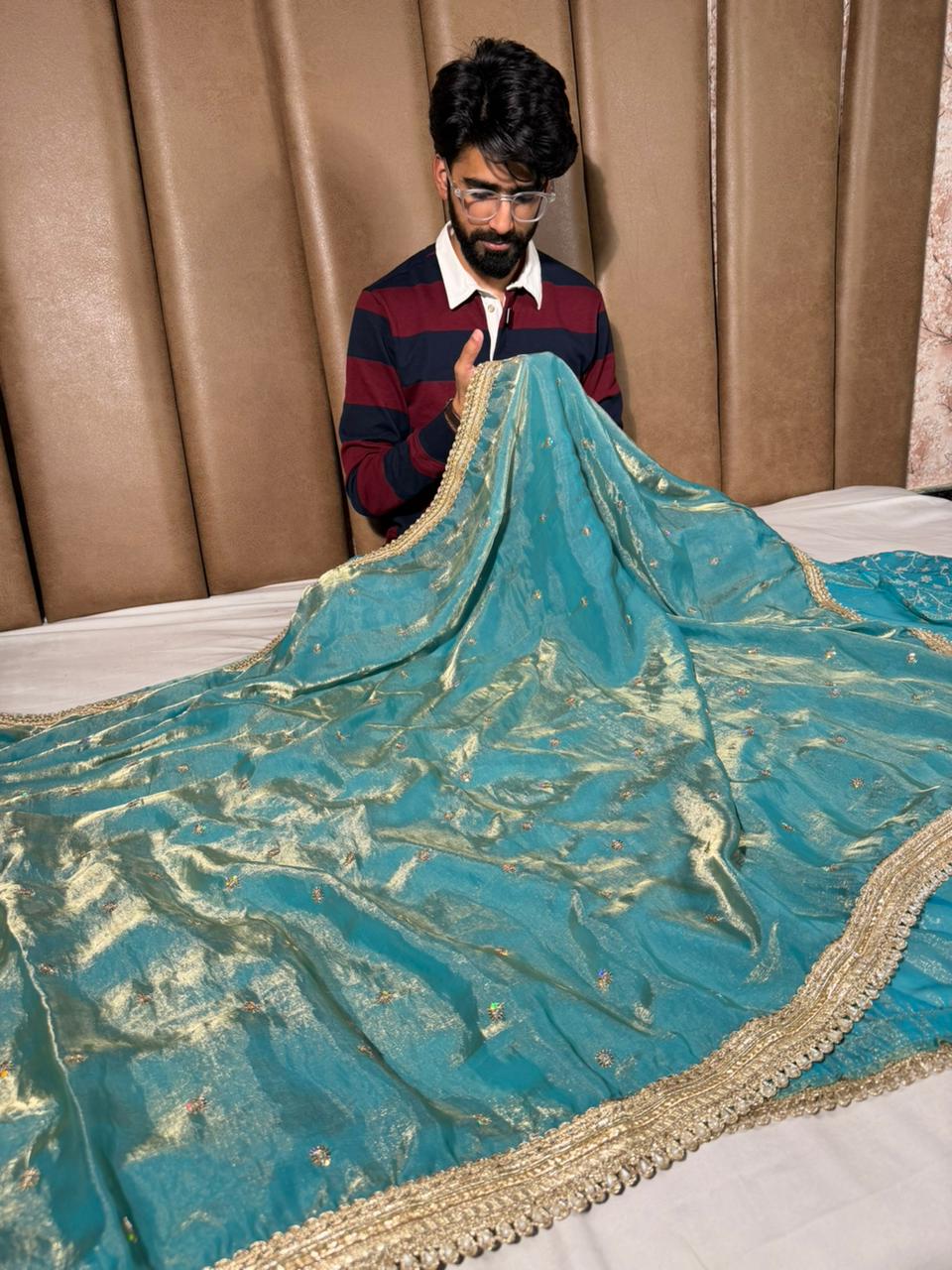 Sea Green Shimmery Tissue Silk Embroidered Lace Work Saree