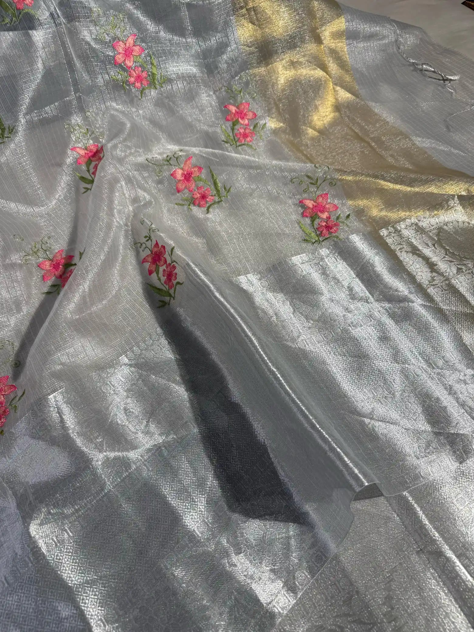 Silver Kota Tissue Silk Floral Embroidered Buta Banarasi Saree
