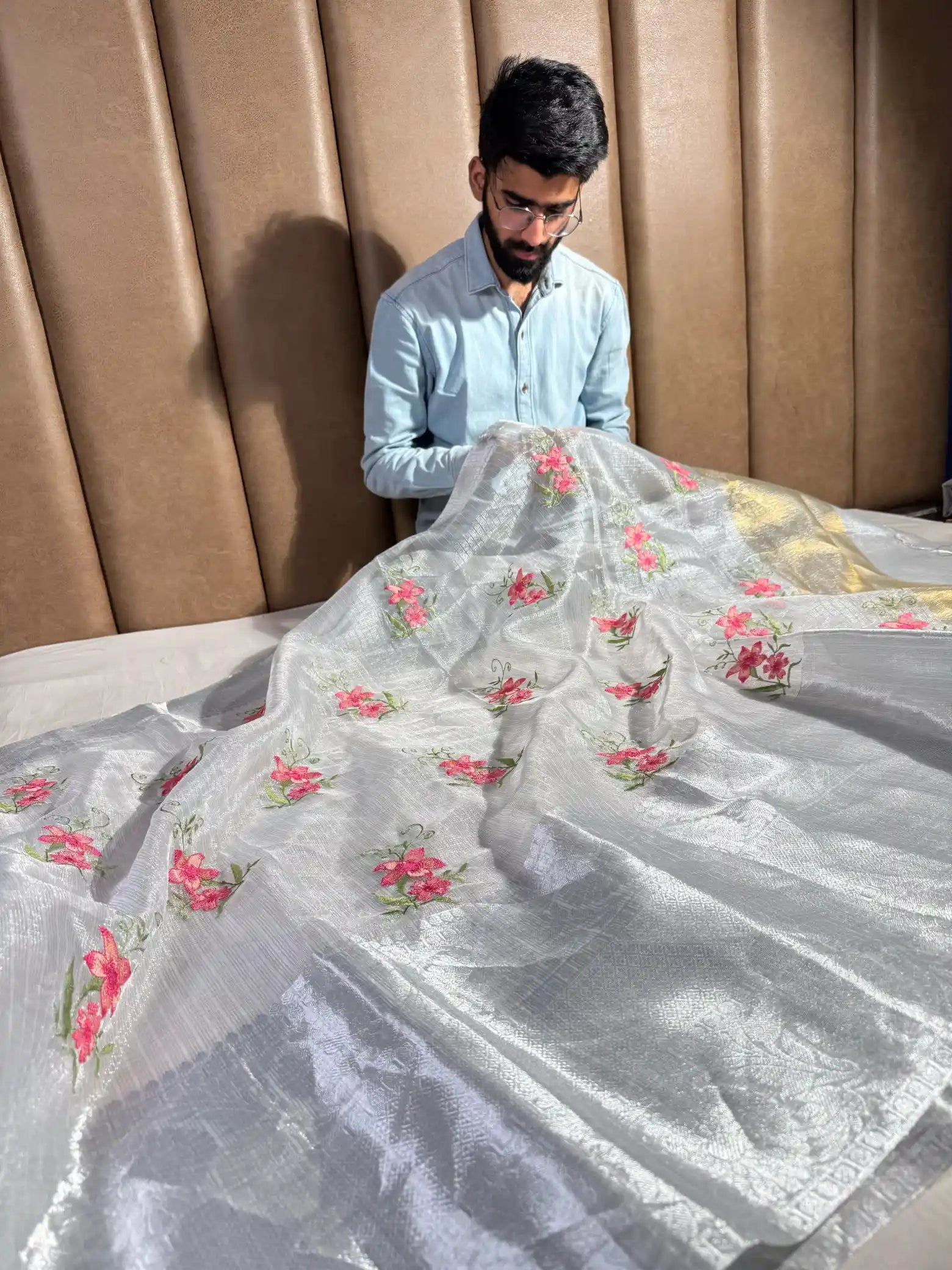 Silver Kota Tissue Silk Floral Embroidered Buta Banarasi Saree