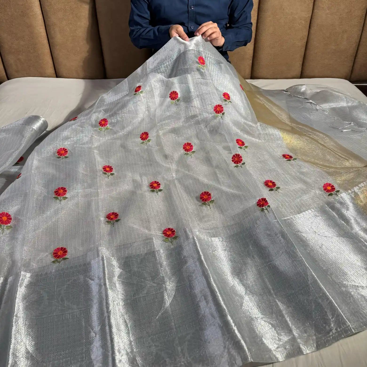Silver Tissue Kota Silk Saree with Flower Thread Work and Zari Pallu
