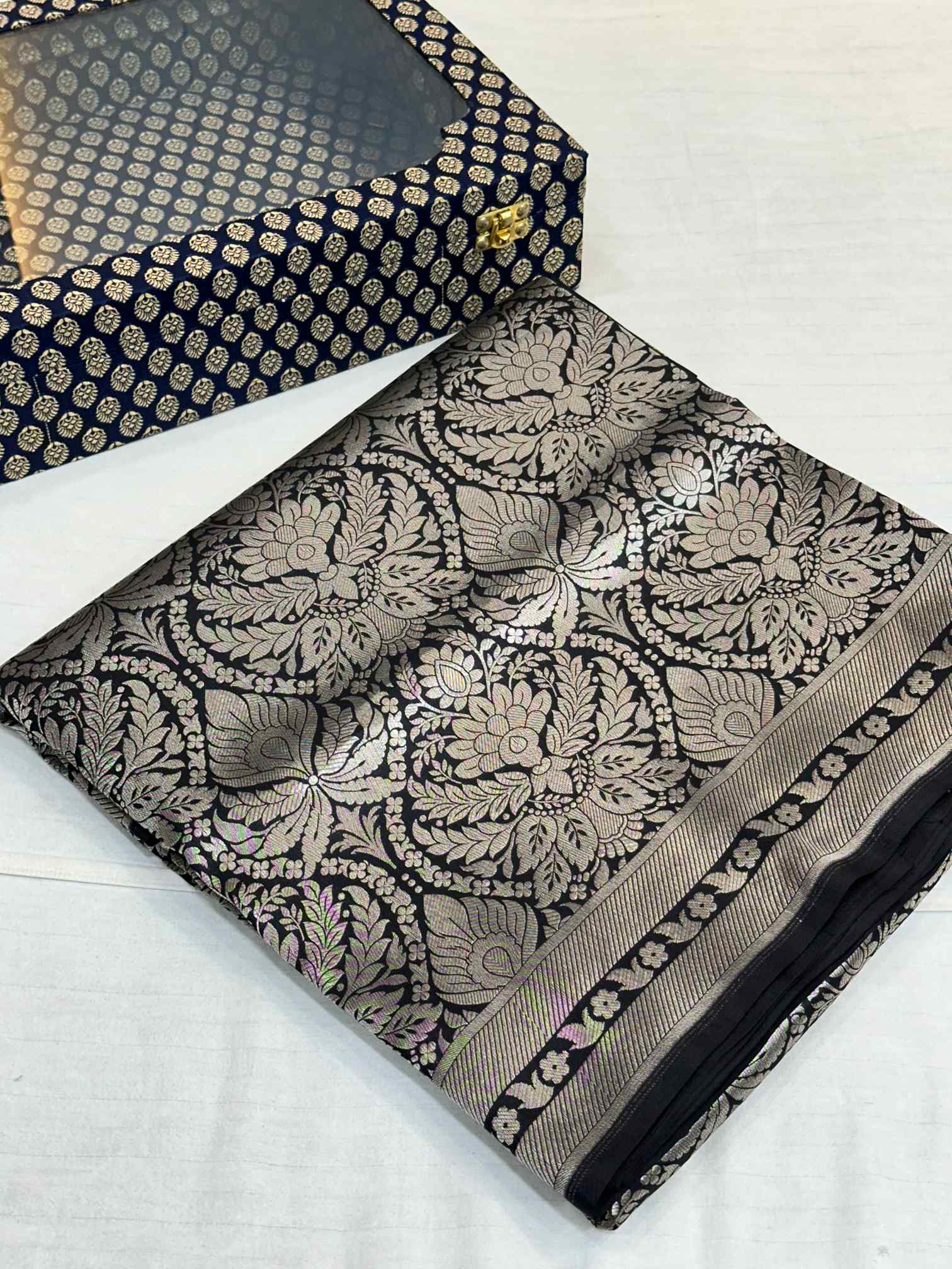 Silver Zari Brocade Pure Katan Silk Banarasi Saree
