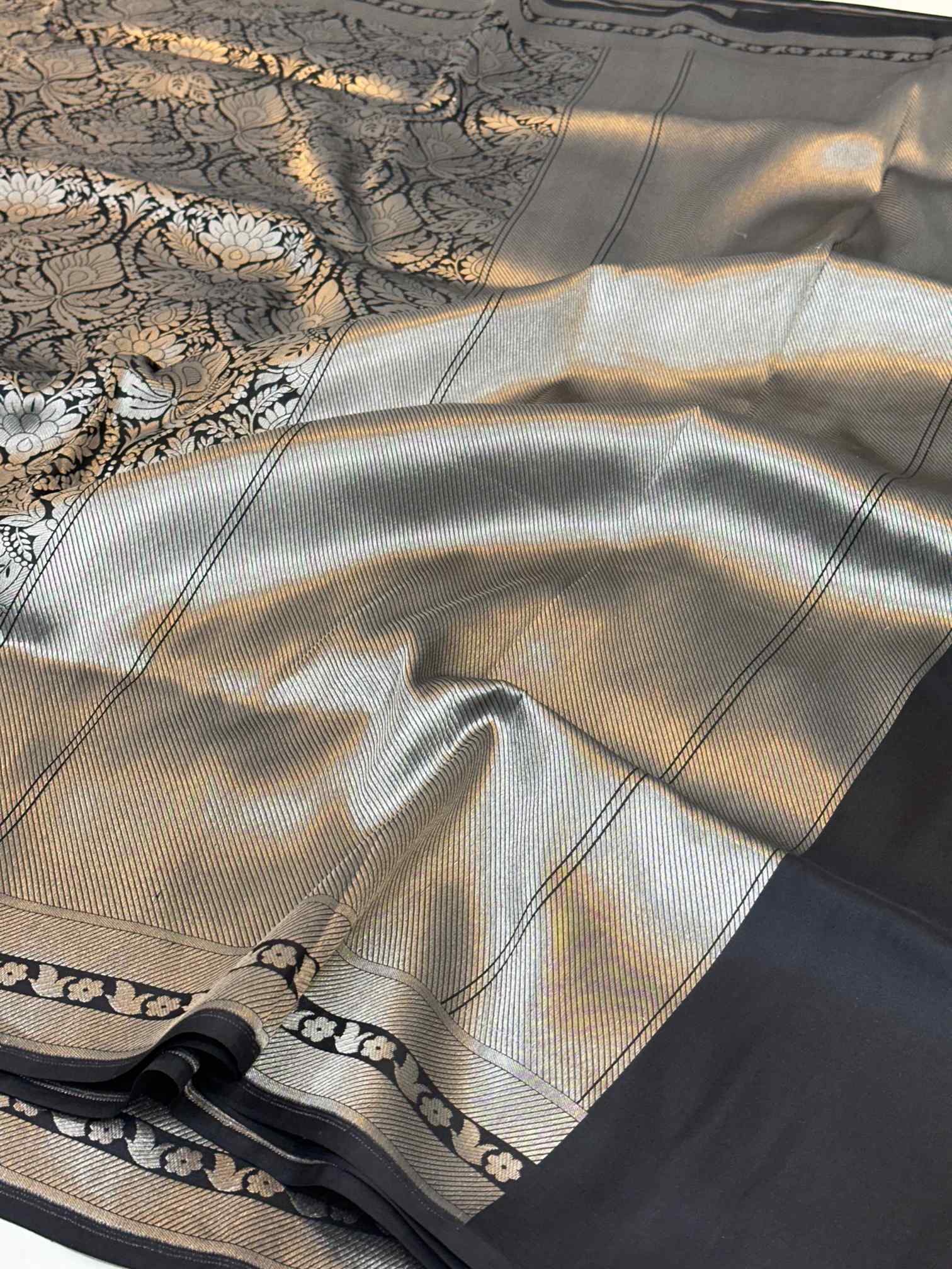 Silver Zari Brocade Pure Katan Silk Banarasi Saree