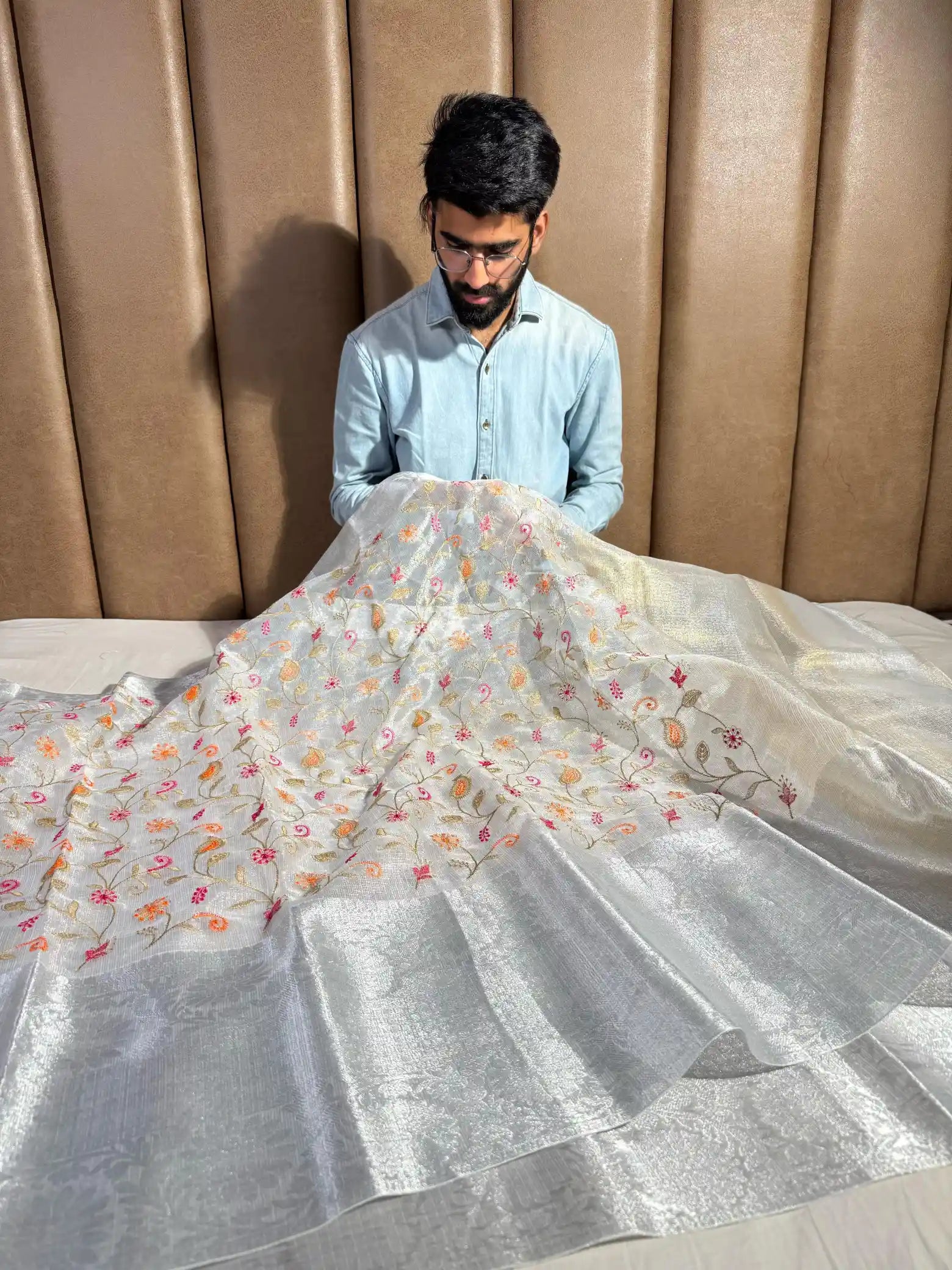 Silver Zari Kota Tissue Silk Embroidered Banarasi Saree