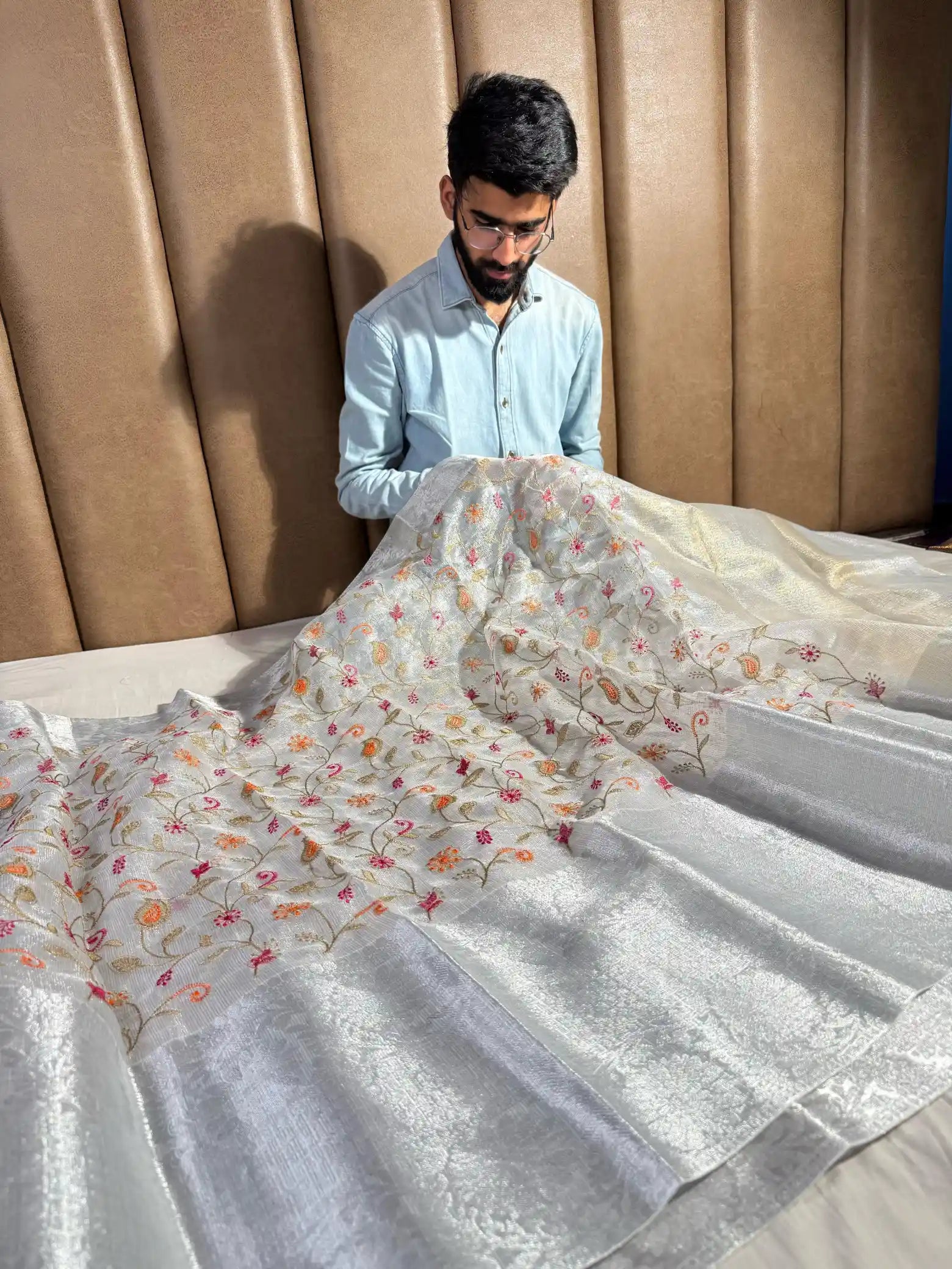 Silver Zari Kota Tissue Silk Embroidered Banarasi Saree