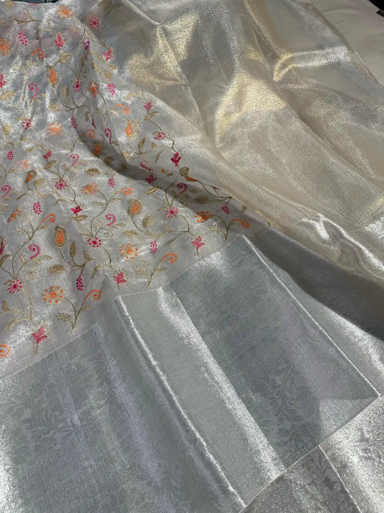 Silver Zari Kota Tissue Silk Embroidered Banarasi Saree