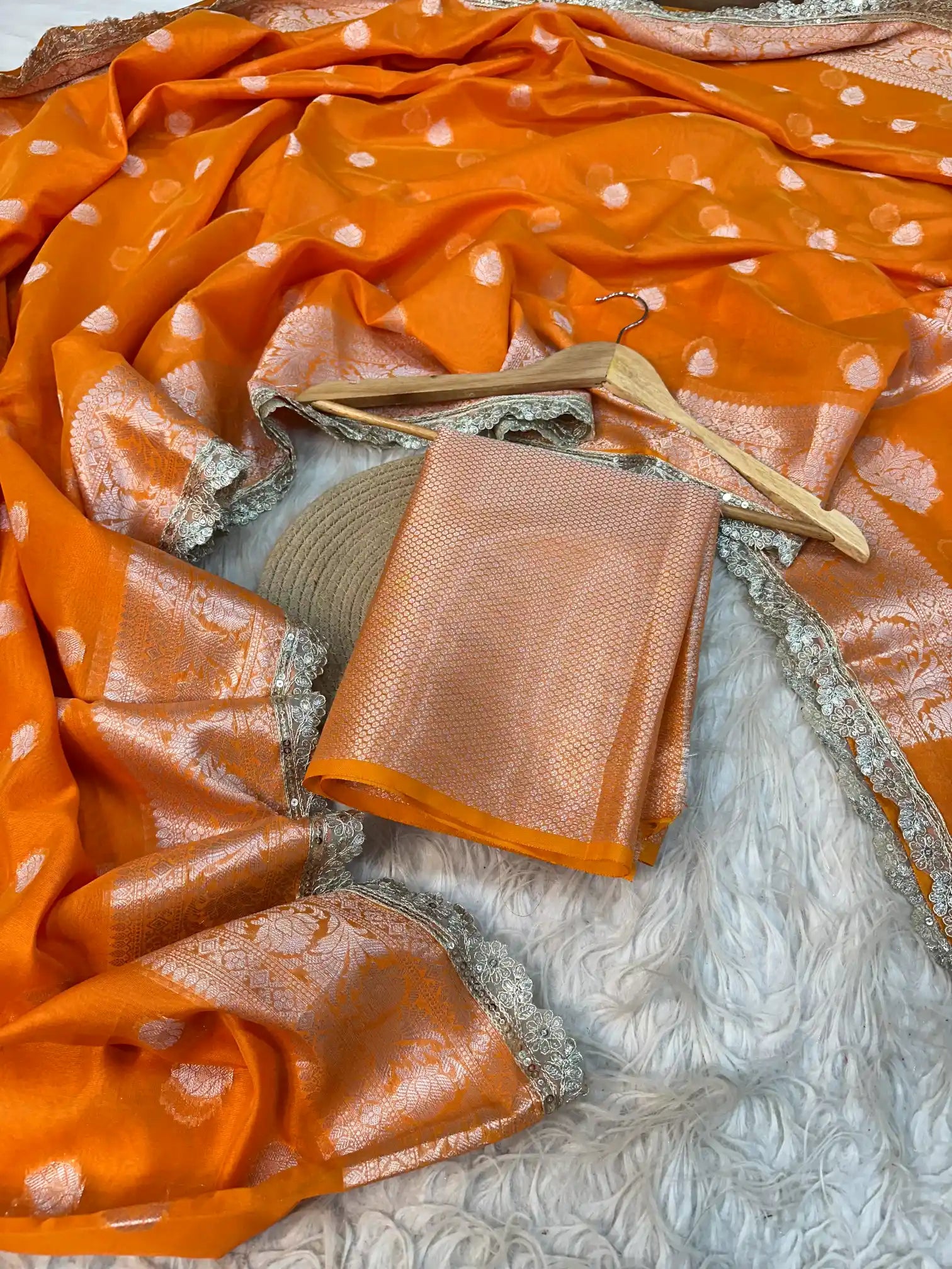 Subtle Bright Orange Traditional Softsilk Lace Work Banarasi Saree