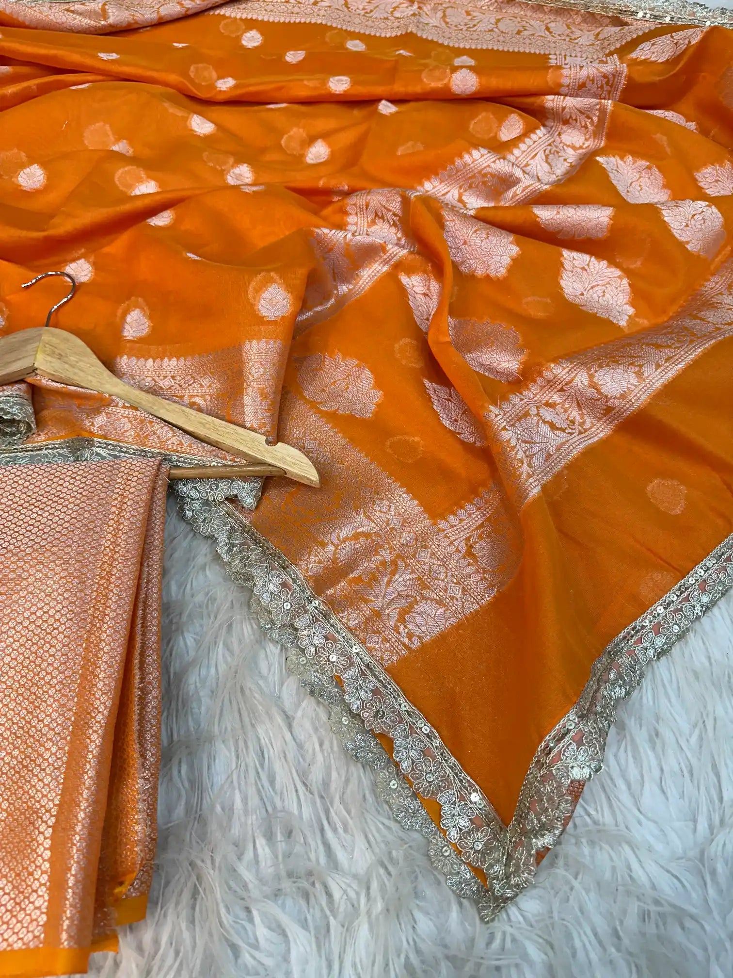 Subtle Bright Orange Traditional Softsilk Lace Work Banarasi Saree