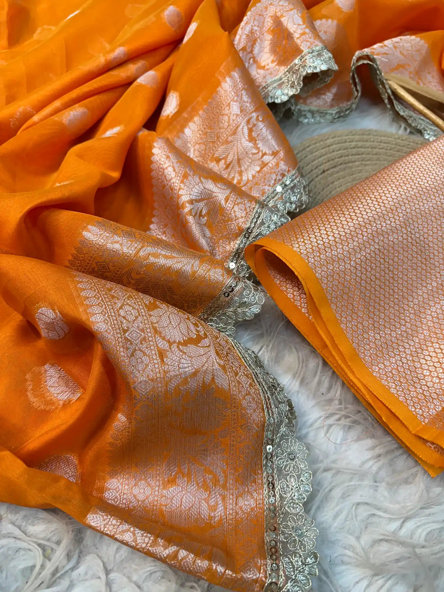 Subtle Bright Orange Traditional Softsilk Lace Work Banarasi Saree