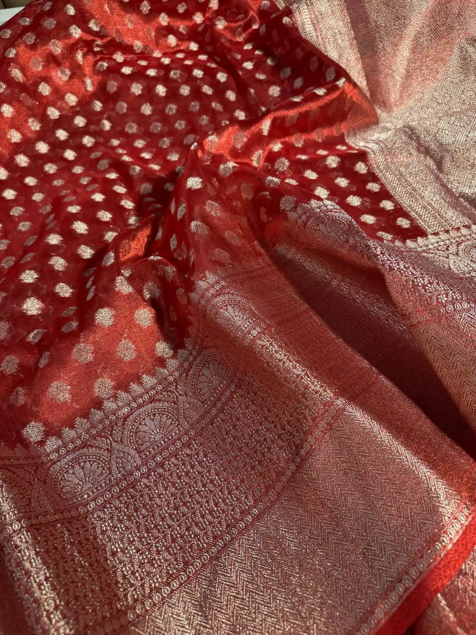 Subtle Carmine Red Glass Tissue Silk Zari Buti Banarasi Saree