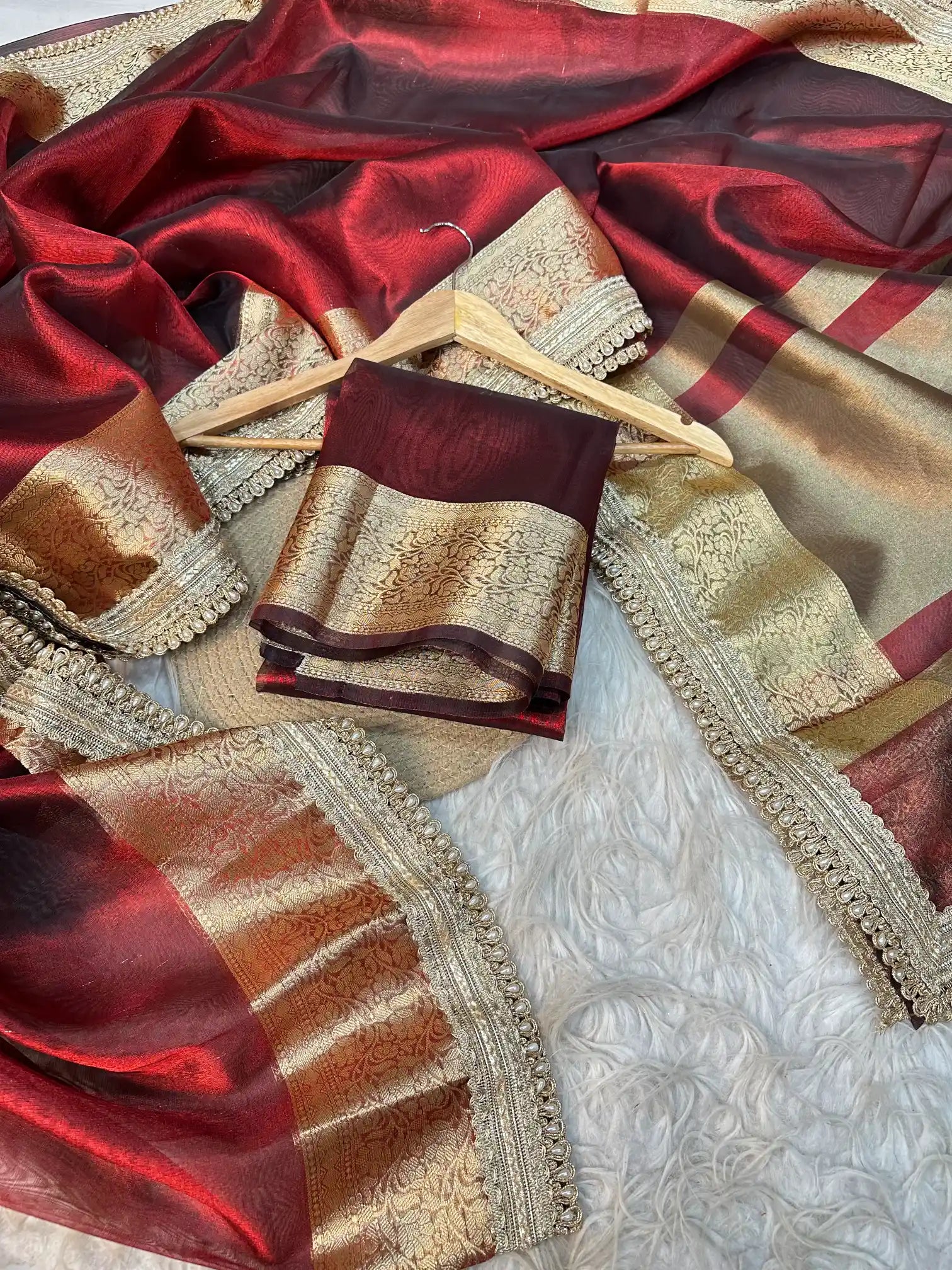 Subtle Carmine Red Shade Soft Tissue Silk Designer Banarasi Saree with Premium Lace Work