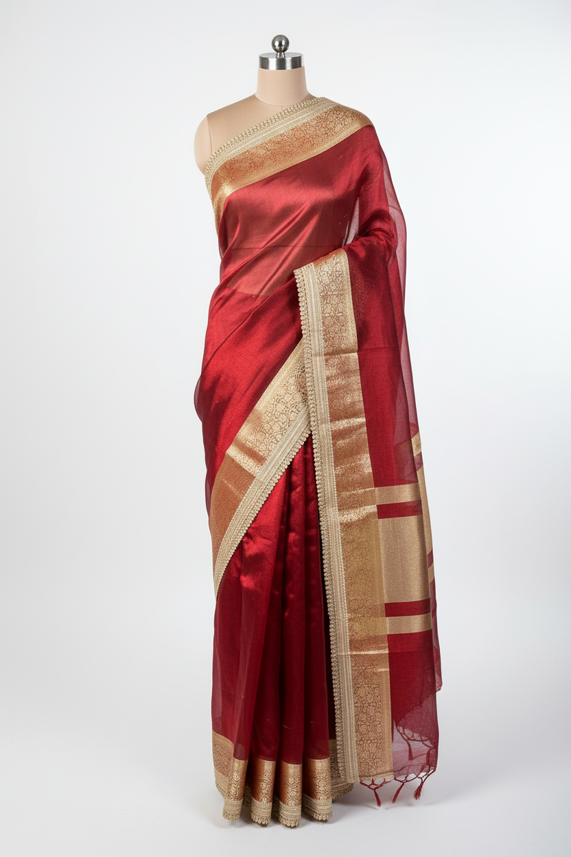 Subtle Carmine Red Tissue Silk Moti Lace Designer Banarasi Saree