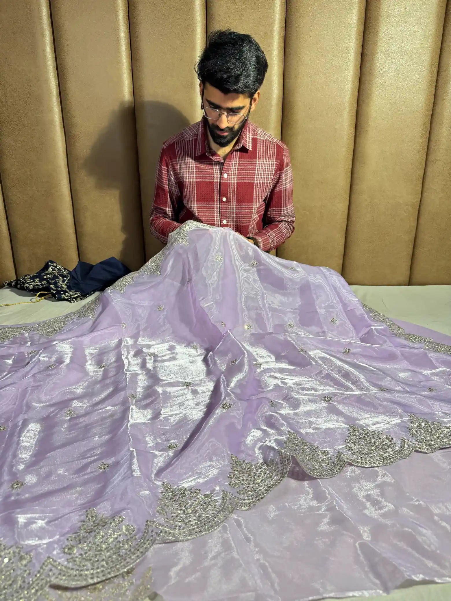 Subtle Lavender Shade Shimmery Tissue Silk Designer Saree with Embroidered Contrast Blouse