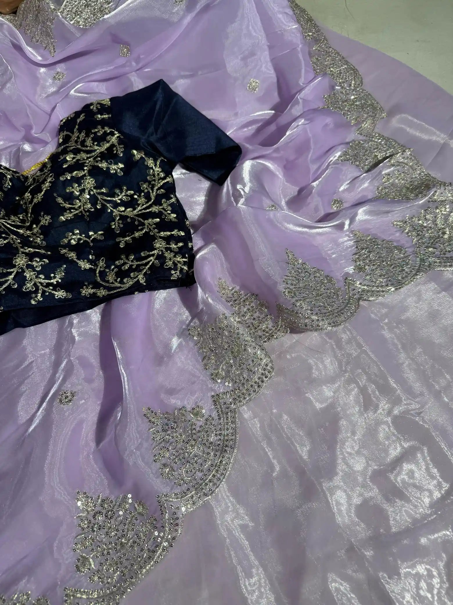 Subtle Lavender Shade Shimmery Tissue Silk Designer Saree with Embroidered Contrast Blouse