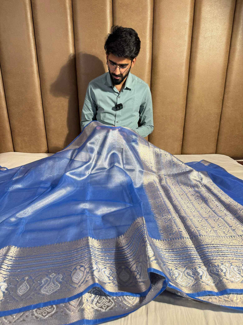 Subtle Metallic Blue Glass Tissue Silk Banarasi Saree