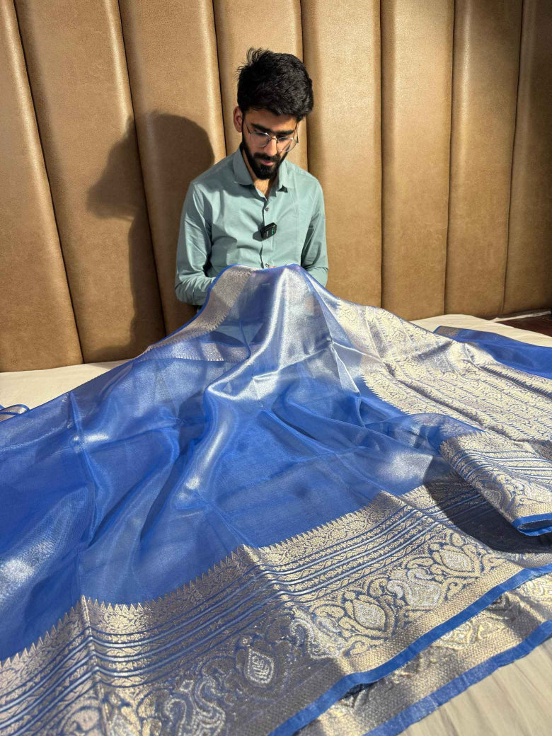 Subtle Metallic Blue Glass Tissue Silk Banarasi Saree