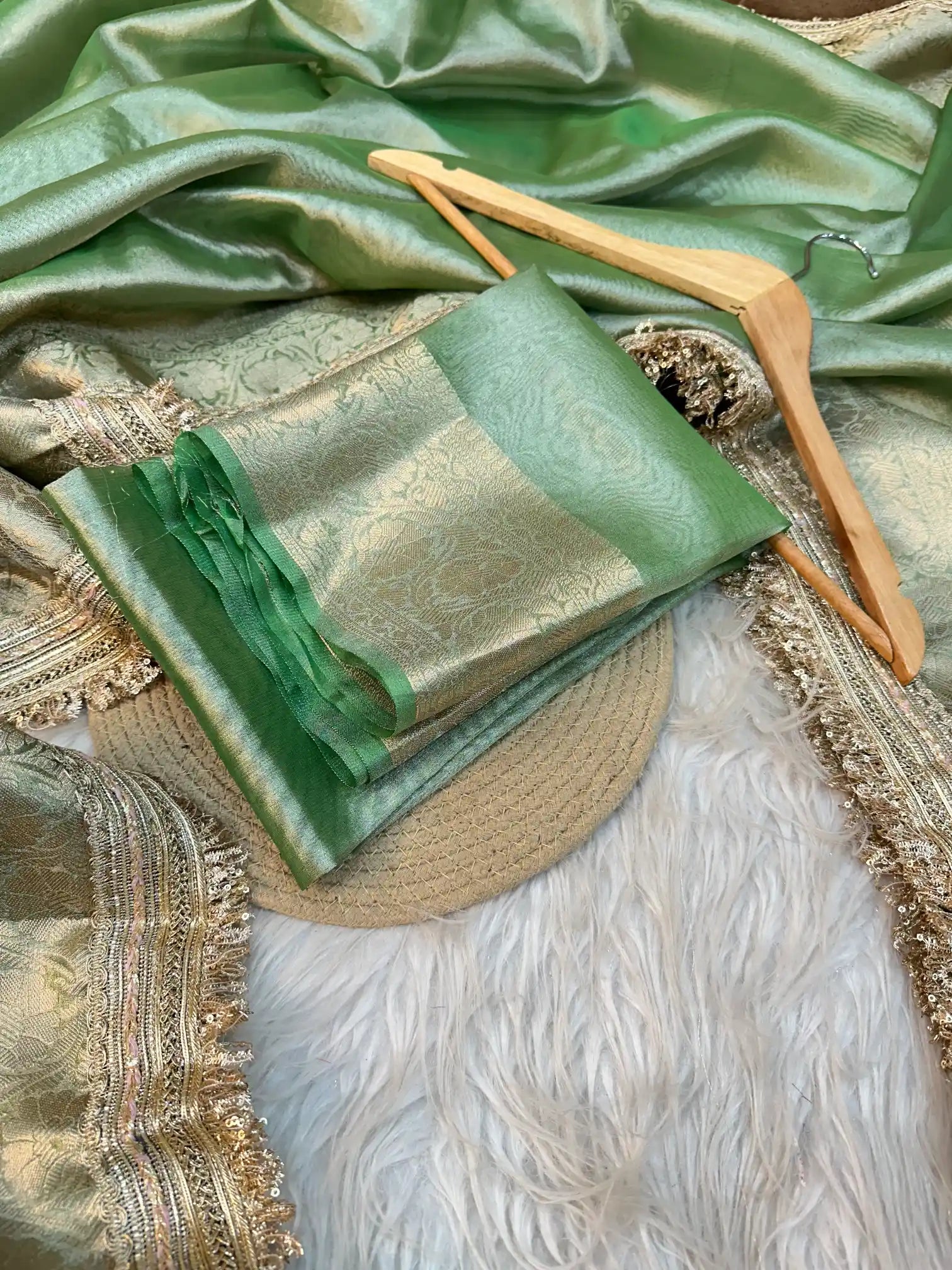 Subtle Metallic Green Tissue Silk Lace Work Designer Banarasi Saree