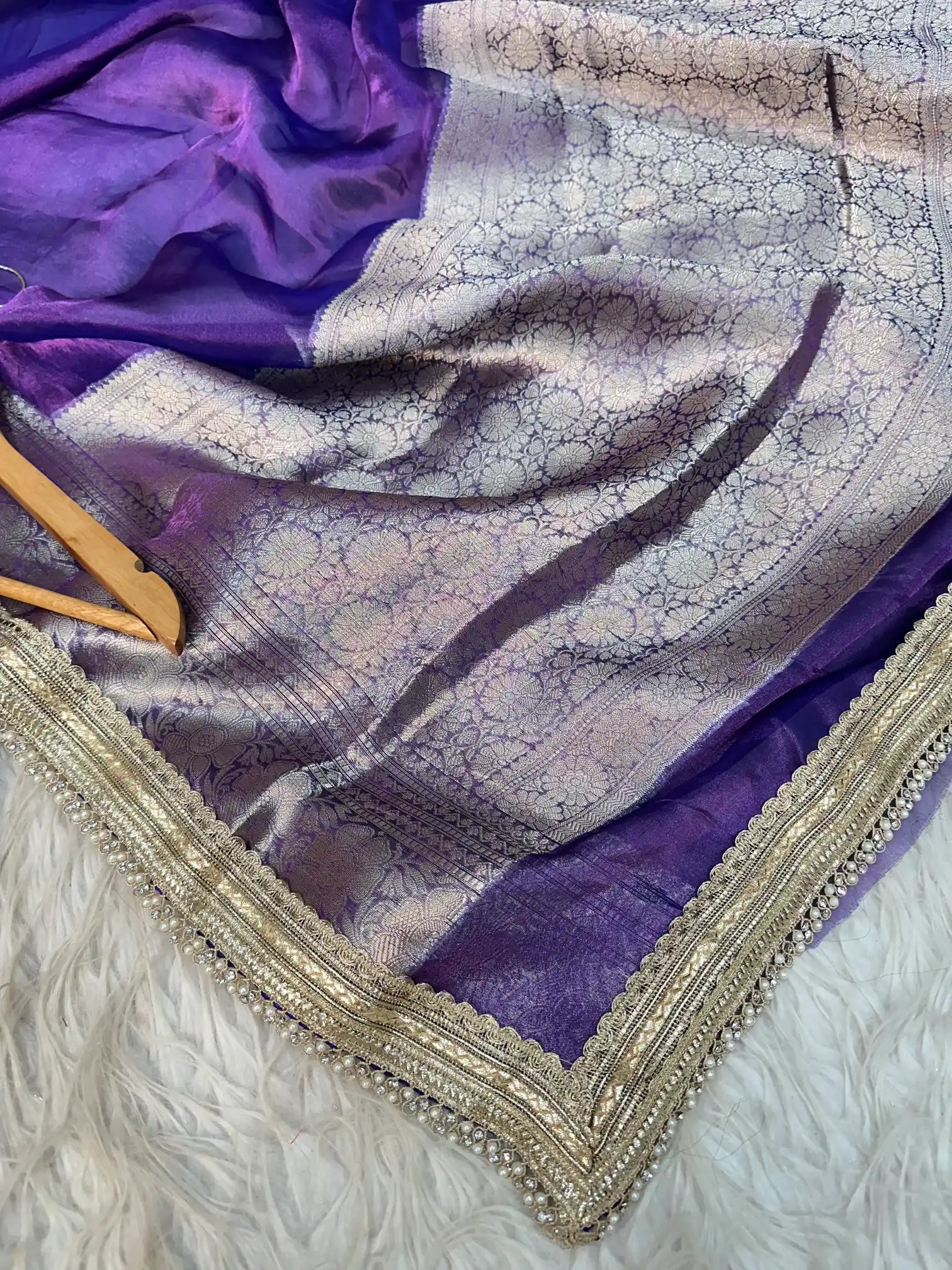 Subtle Metallic Violet Pure Tissue Silk Moti Lace Work Banarasi Saree