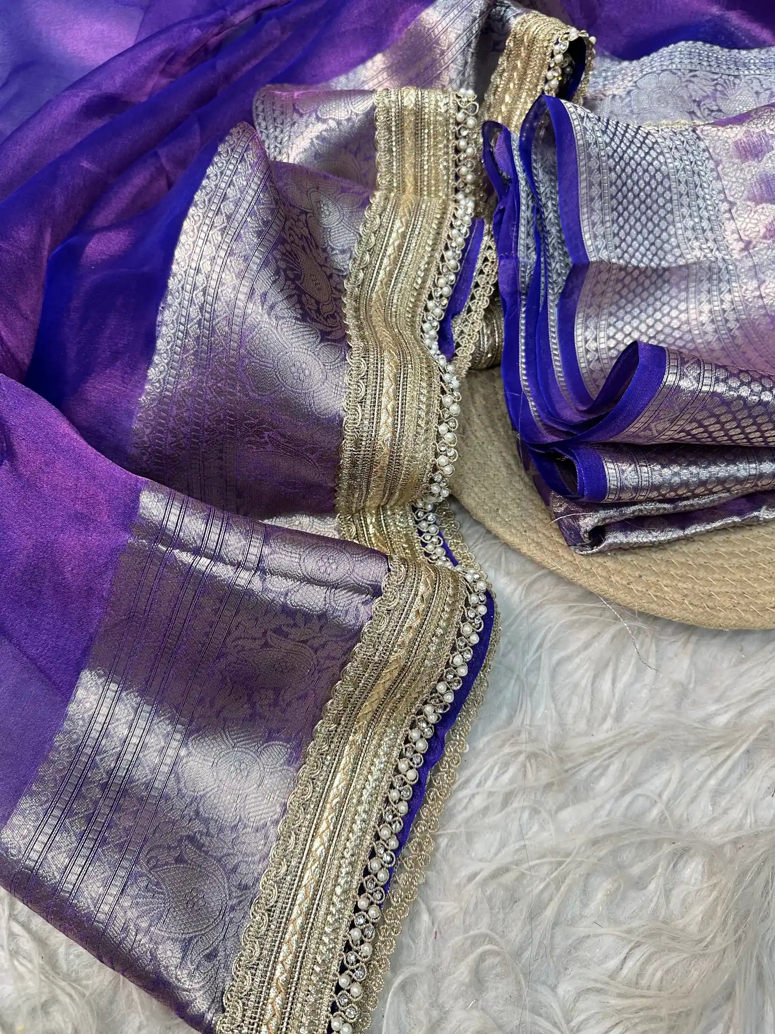 Subtle Metallic Violet Pure Tissue Silk Moti Lace Work Banarasi Saree