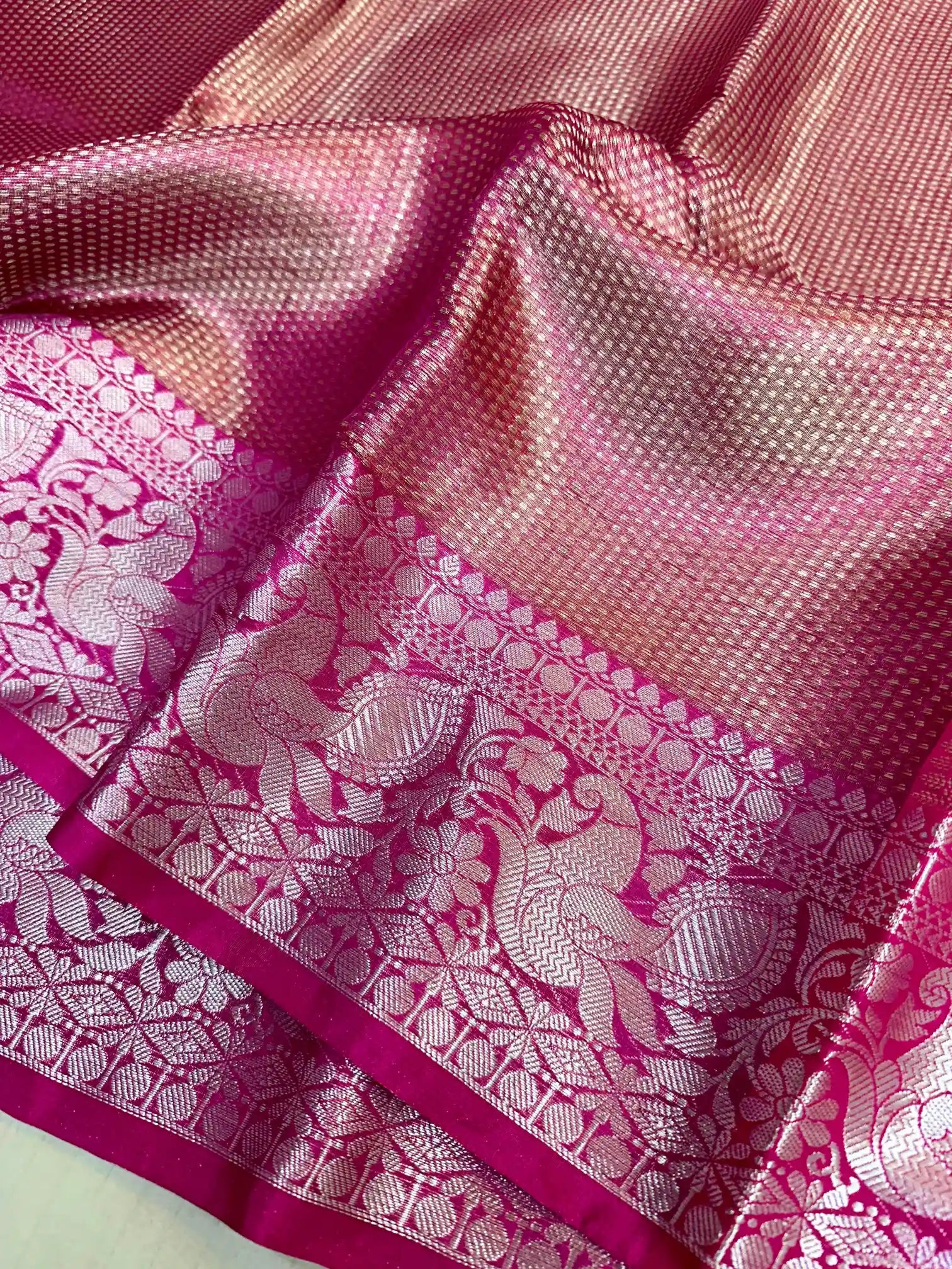 Subtle Pink Glass Tissue Silk Kanjivaram Brocade Saree