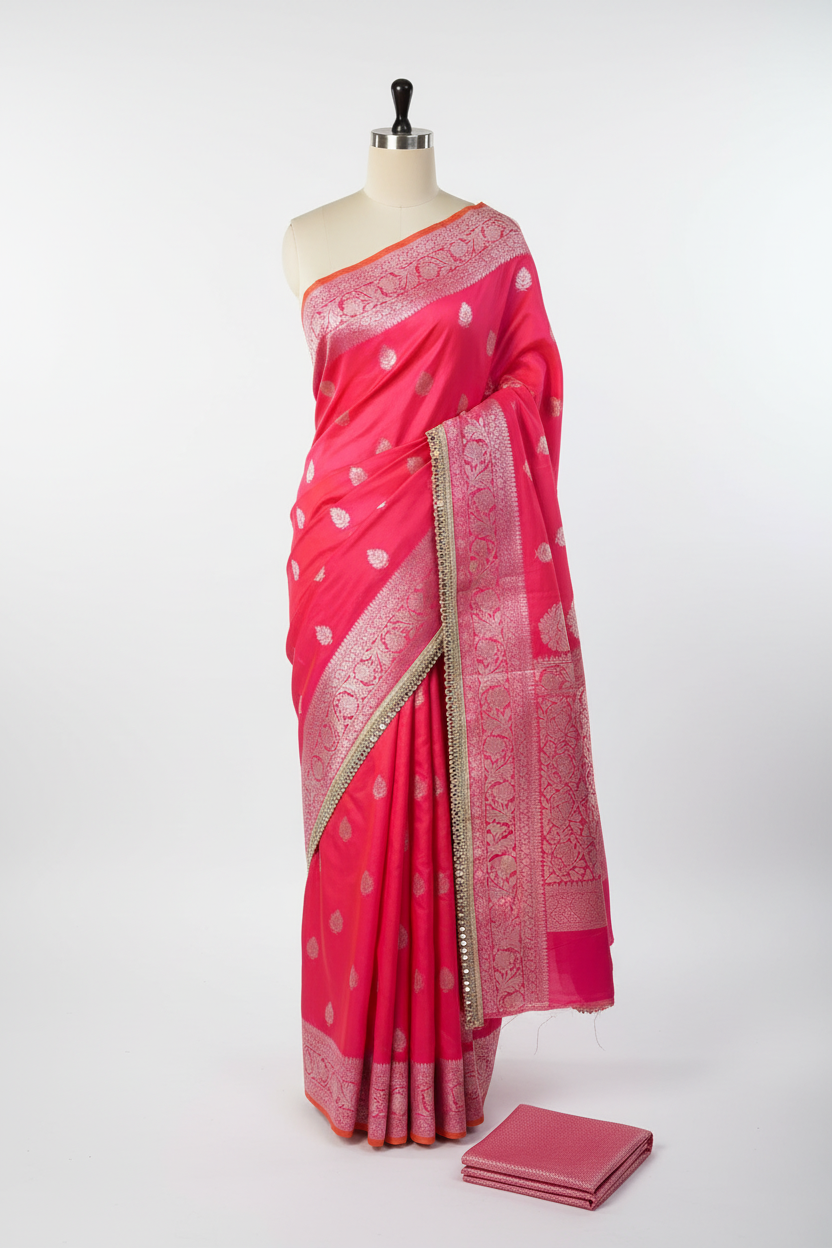 Subtle Preety Pink Traditional Softsilk Lace Work Banarasi Saree