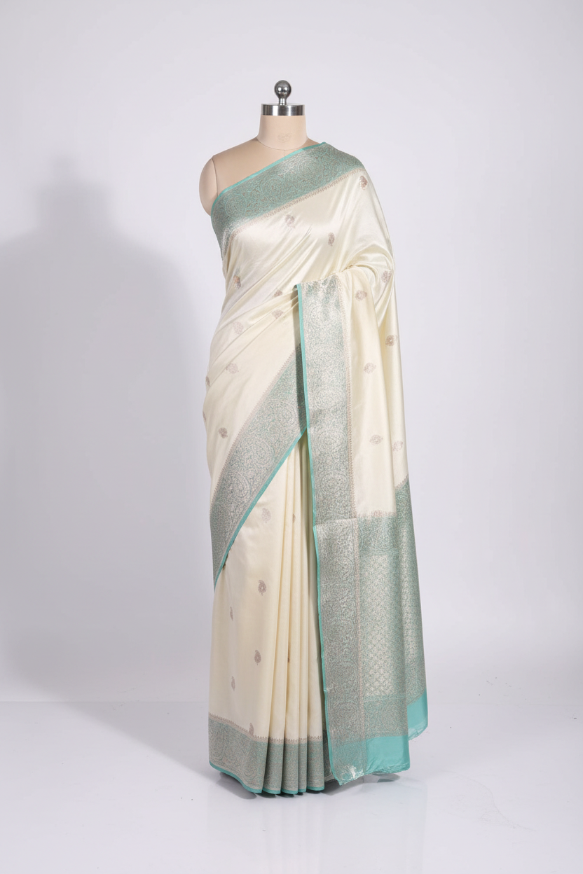 Summer special pastel off white Mashru katan silk saree