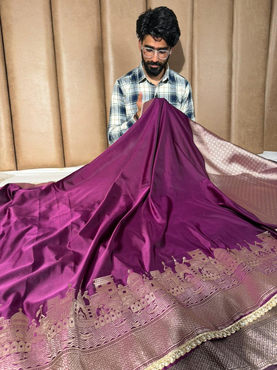 Glary Purple Mashru Katan Ghats Of Banaras Saree