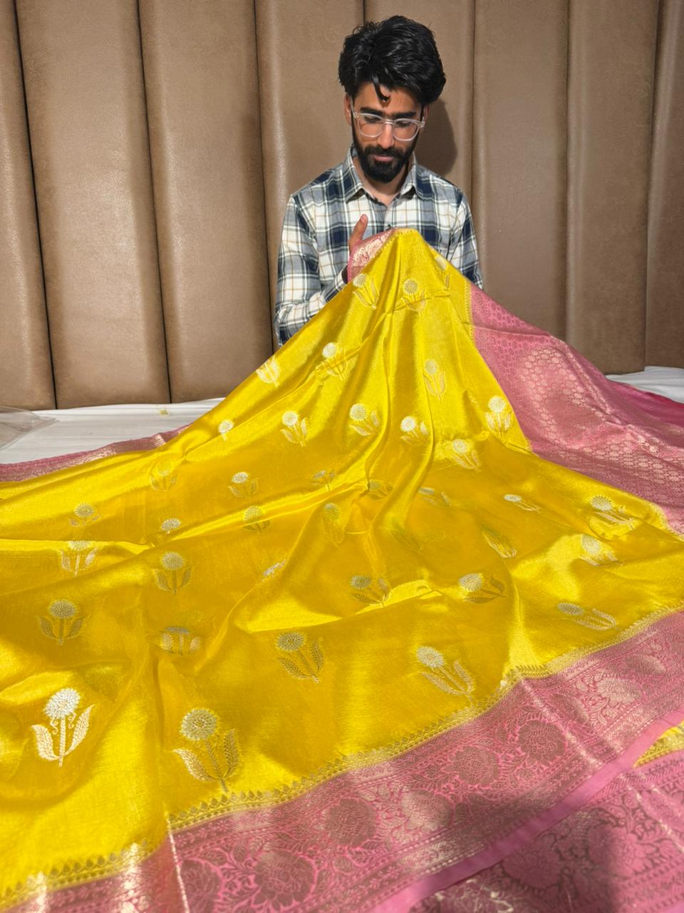Yellow Pink Breathable Soft Georgette Banarasi Saree