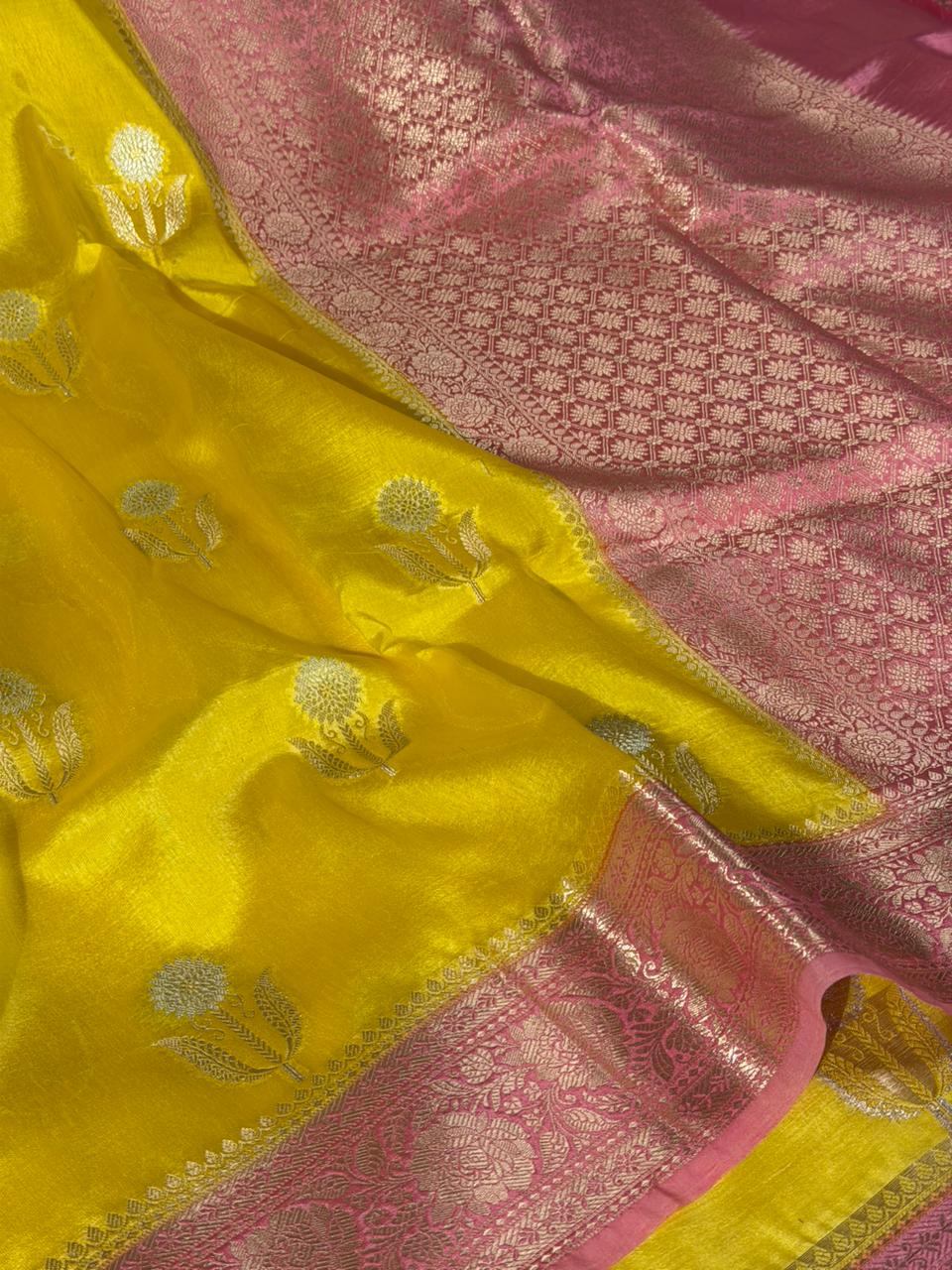 Yellow Pink Breathable Soft Georgette Banarasi Saree