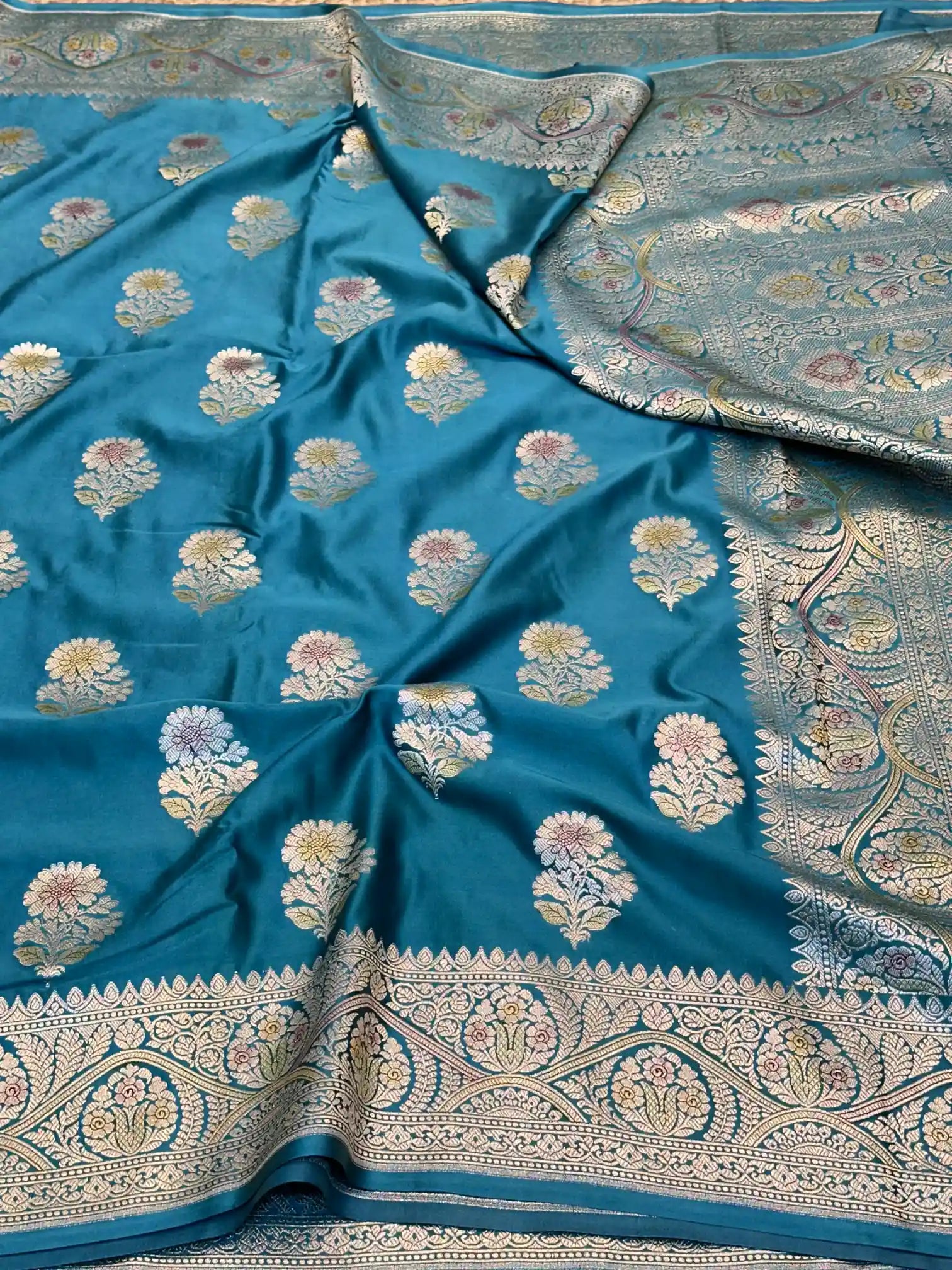 Teal Blue Handbrush Painted Mashru Katan Silk Banarasi Saree