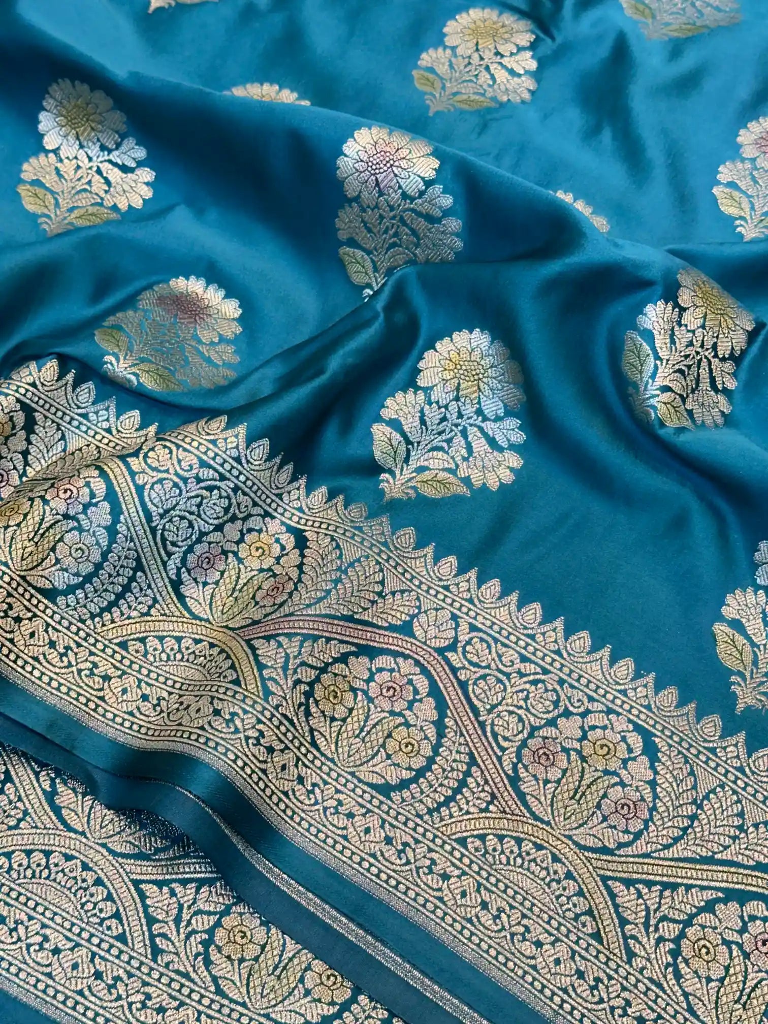Teal Blue Handbrush Painted Mashru Katan Silk Banarasi Saree