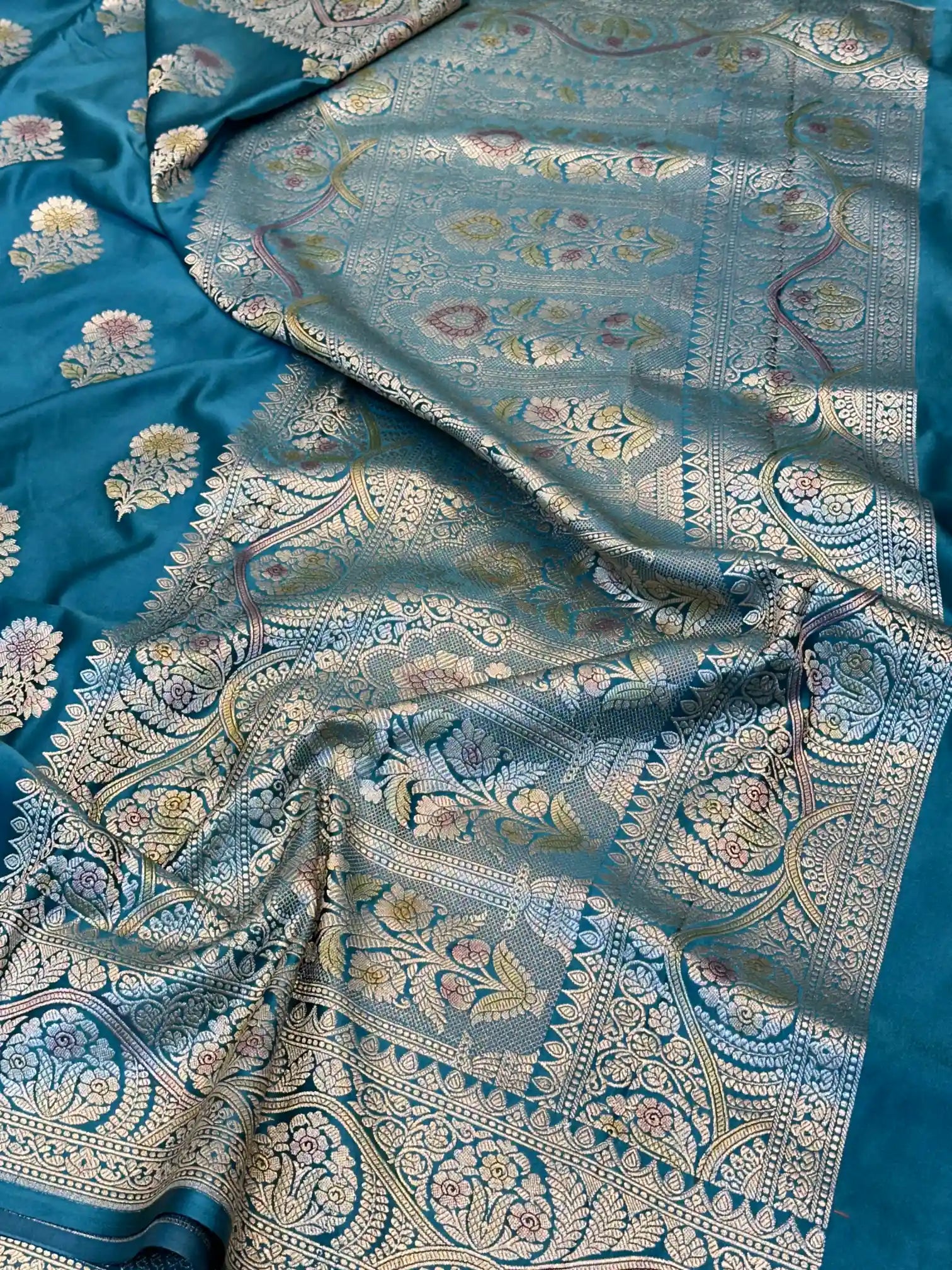 Teal Blue Handbrush Painted Mashru Katan Silk Banarasi Saree