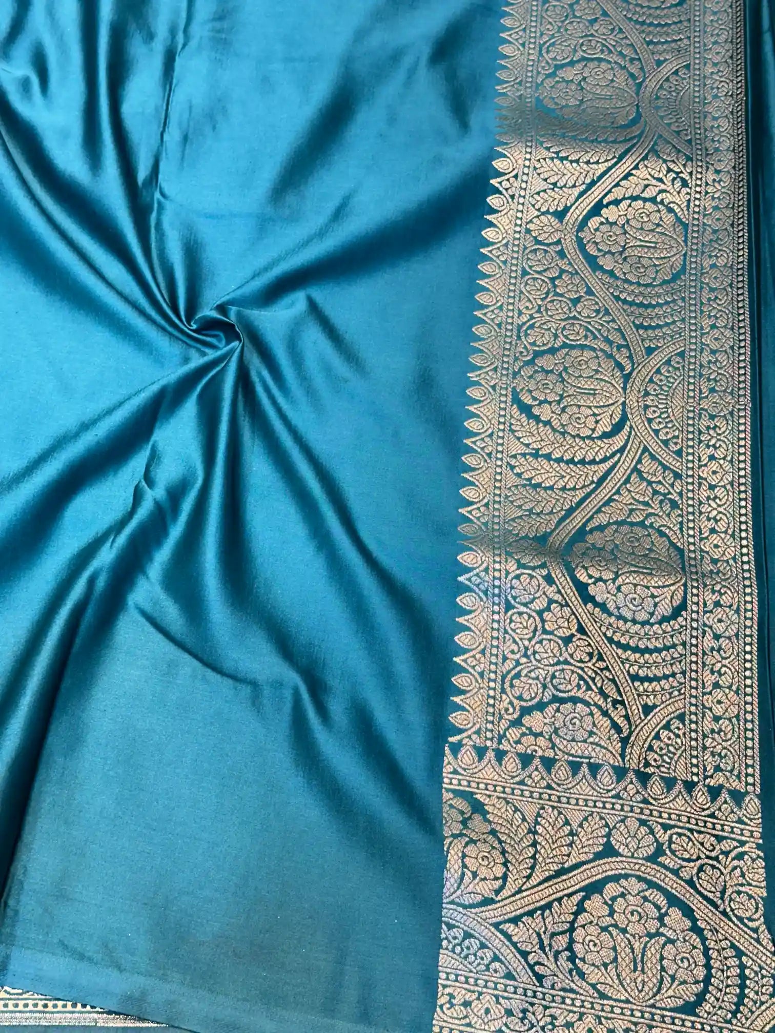 Teal Blue Handbrush Painted Mashru Katan Silk Banarasi Saree