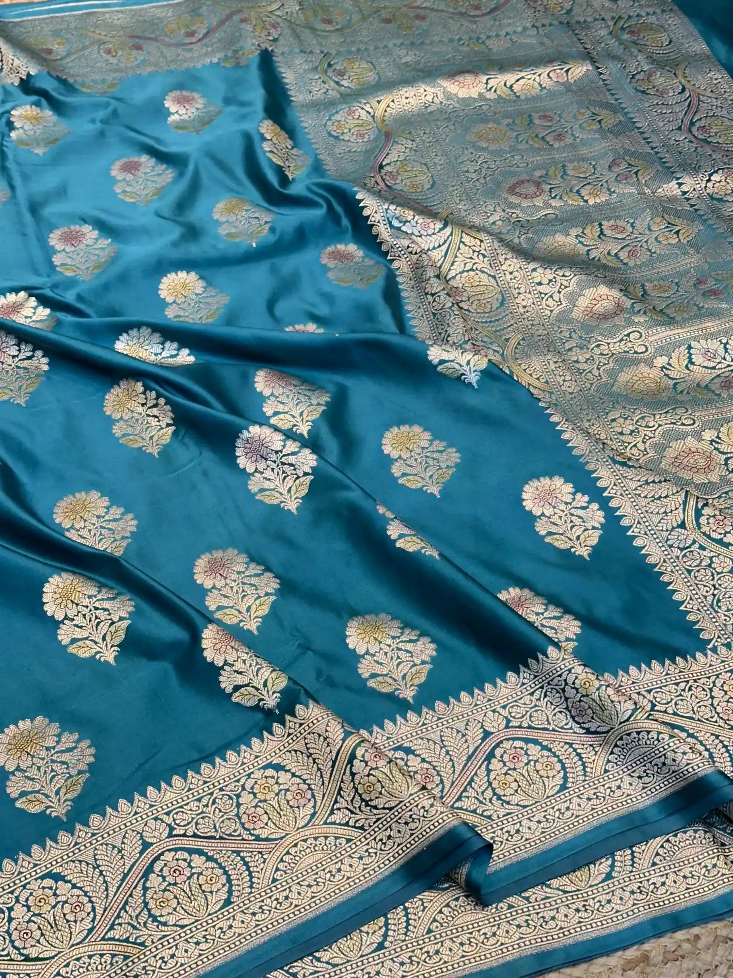 Teal Blue Handbrush Painted Mashru Katan Silk Banarasi Saree