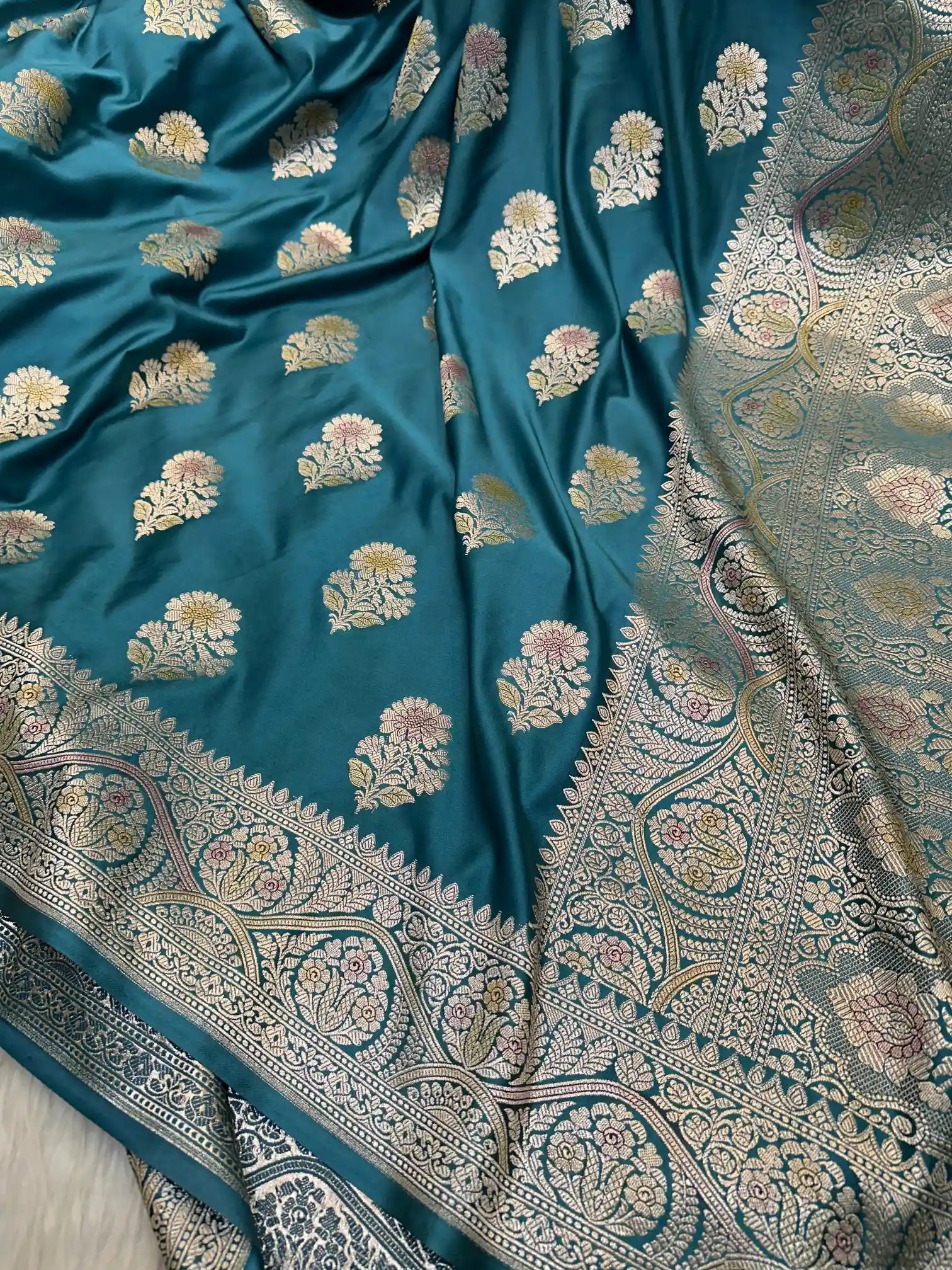 Teal Blue Handbrush Painted Mashru Katan Silk Banarasi Saree