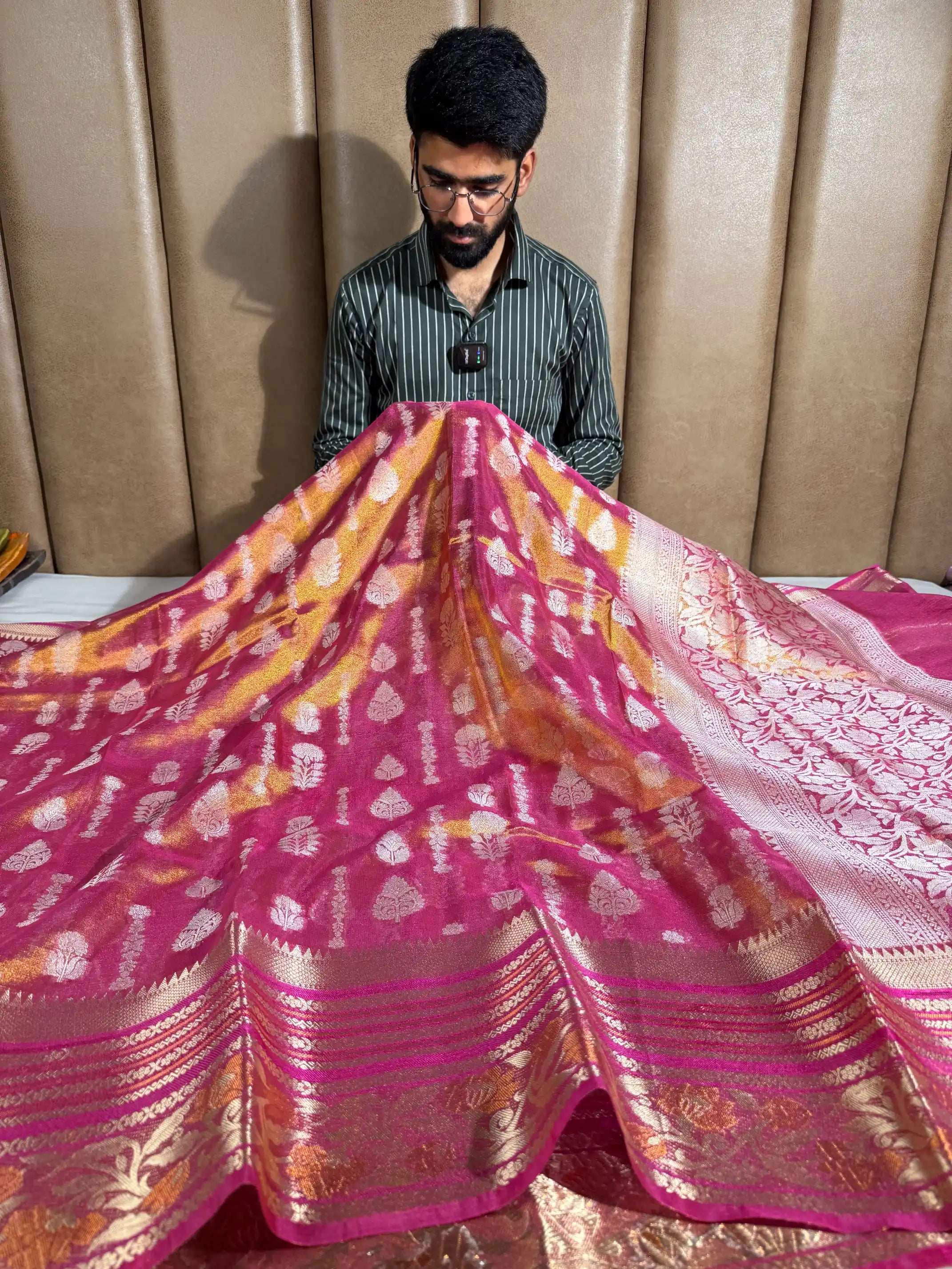 Traditional Jacquard Weave Metallic Rusted Tissue Saree
