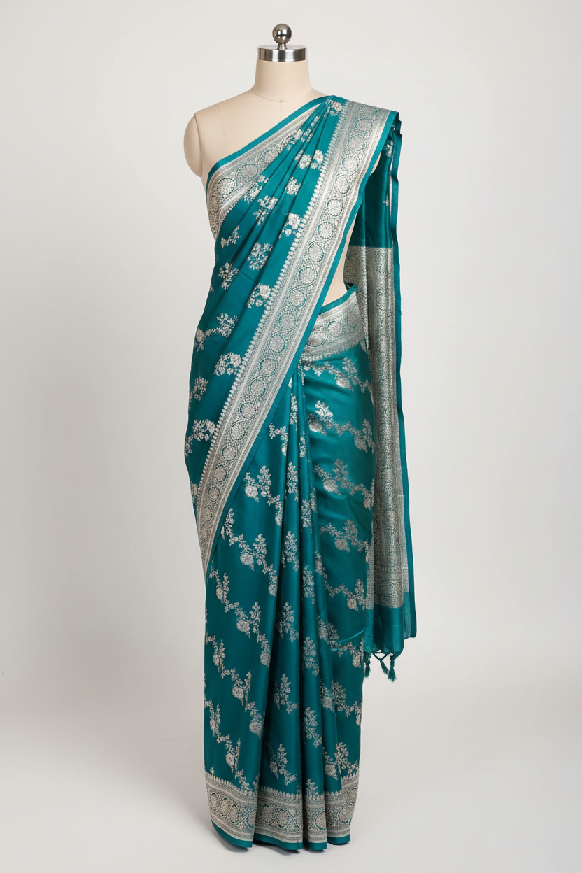 Turquoise Blue Mashru Katan Silk Leheriya Weave Banarasi Saree