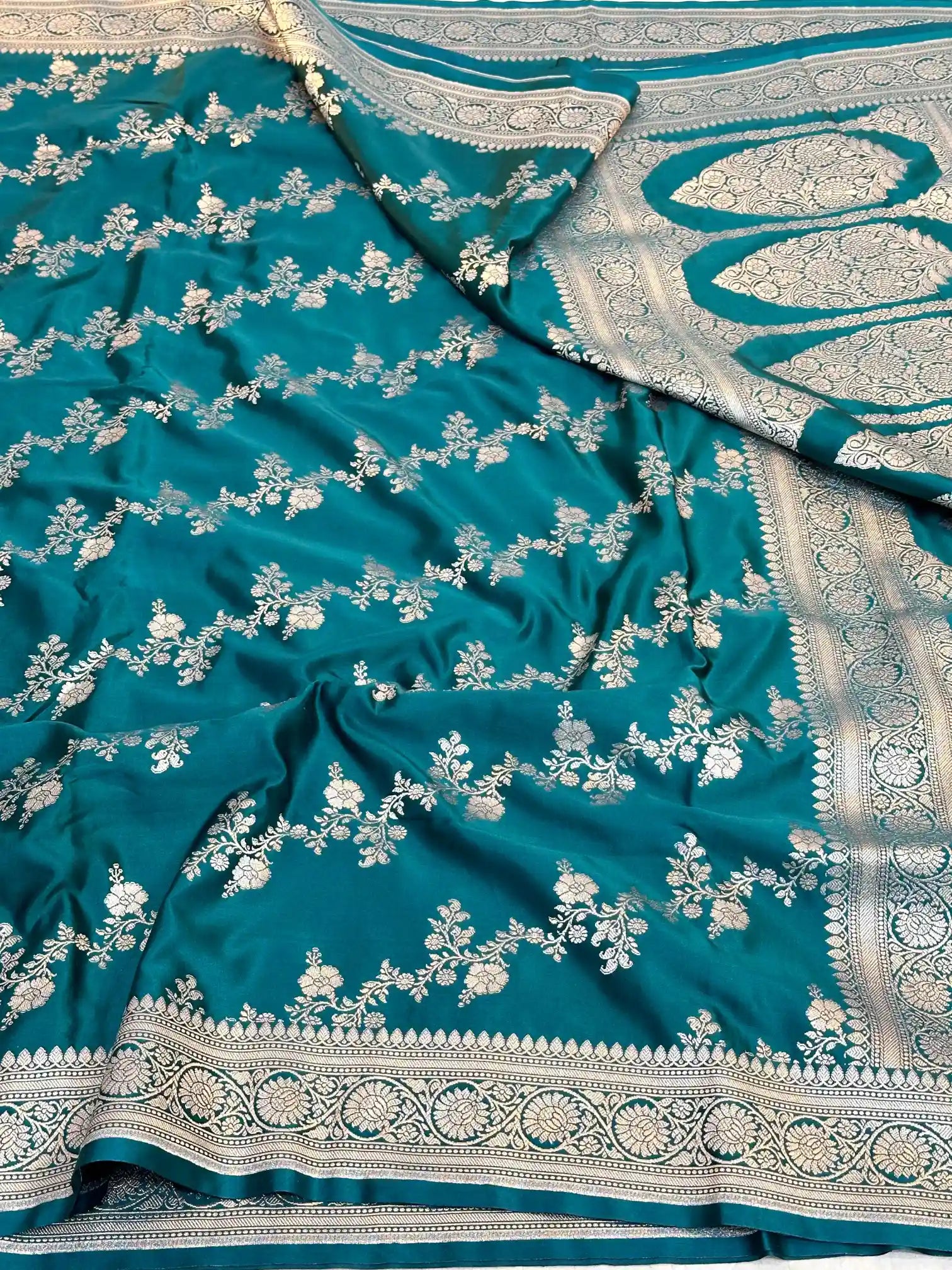 Turquoise Blue Mashru Katan Silk Leheriya Weave Banarasi Saree