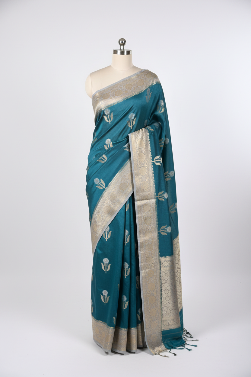 Powder Blue Premium Georgette Silk Banarasi Saree