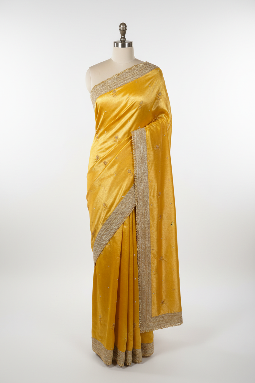 Bright Yellow Tissue Silk Premium Handwork Saree