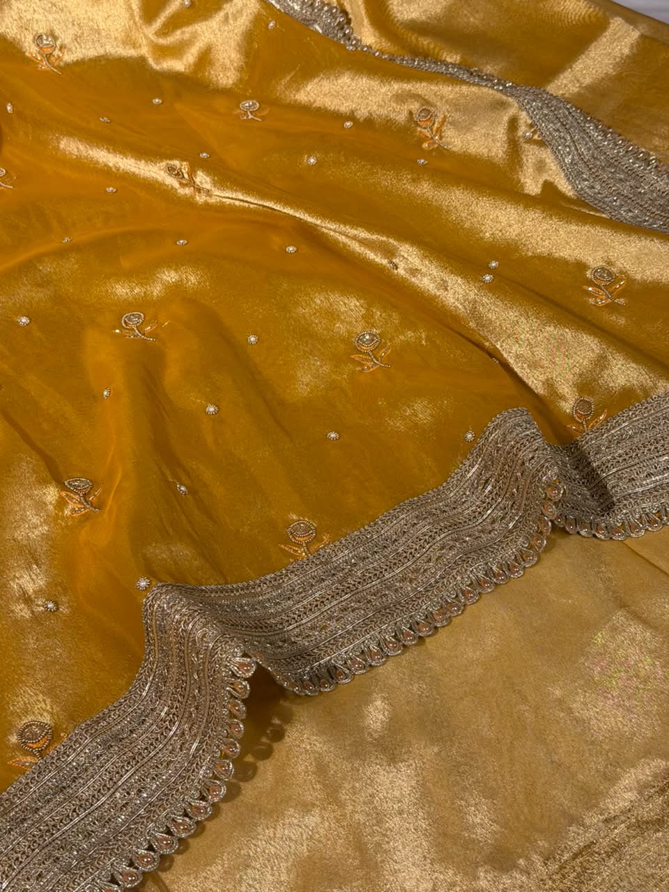 Bright Yellow Tissue Silk Premium Handwork Saree